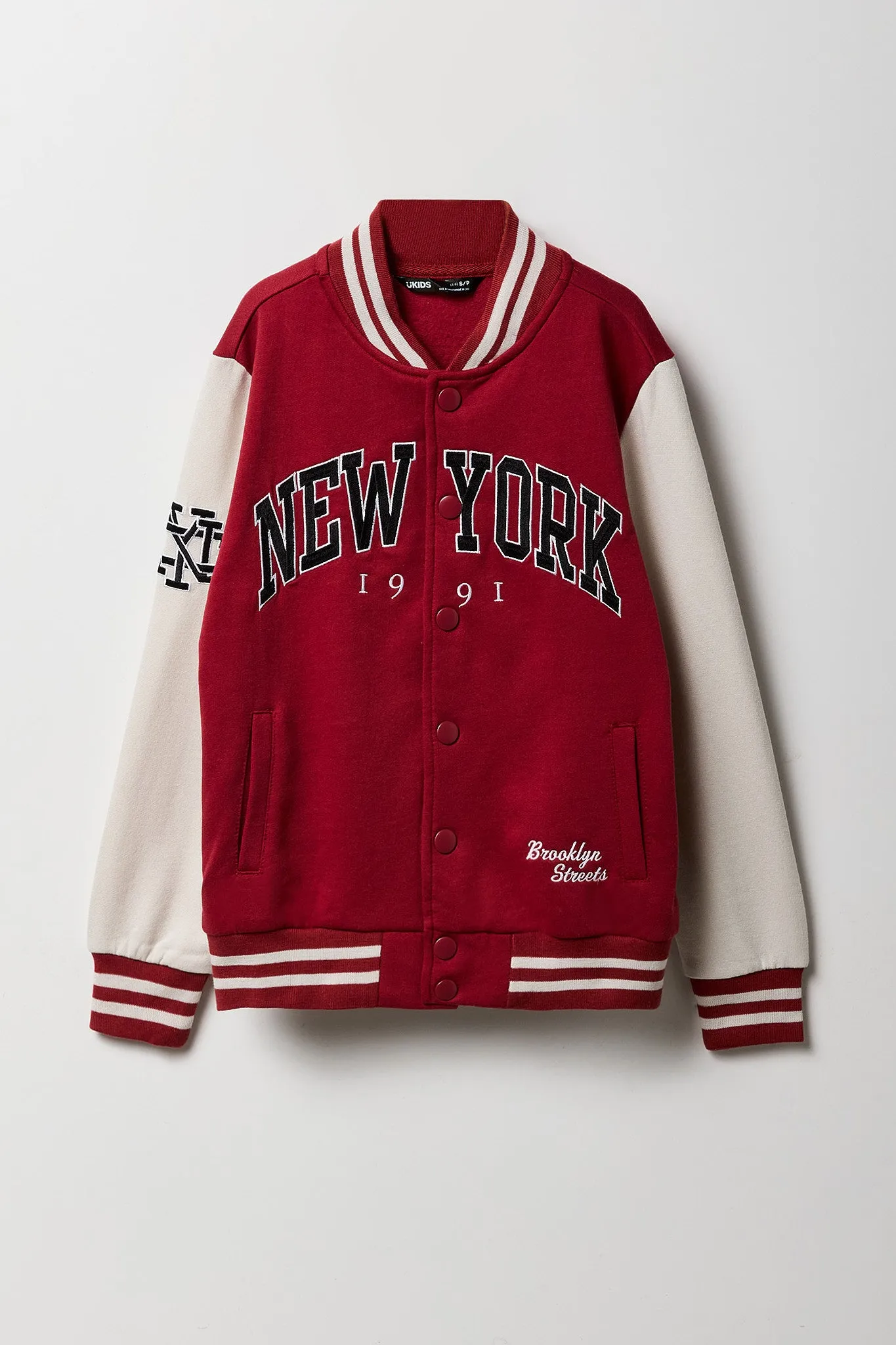 Boys City Graphic Fleece Varsity Jacket sold by Urban Planet