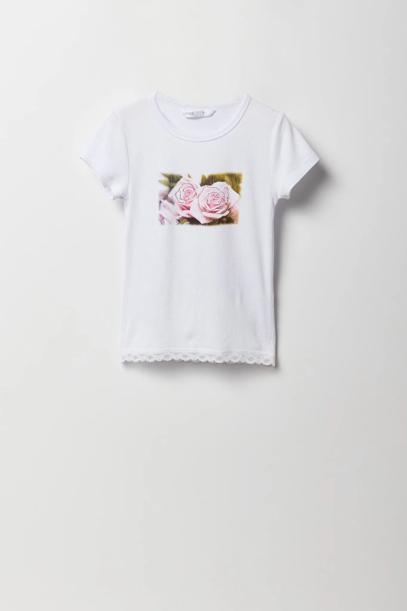 T-shirt côtelé à imprimé avec liséré de dentelle pour fille sold by Urban Planet product image thumbnail 3