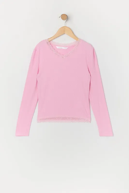 Girls Ribbed Lace Trim Long Sleeve Top sold by Urban Planet