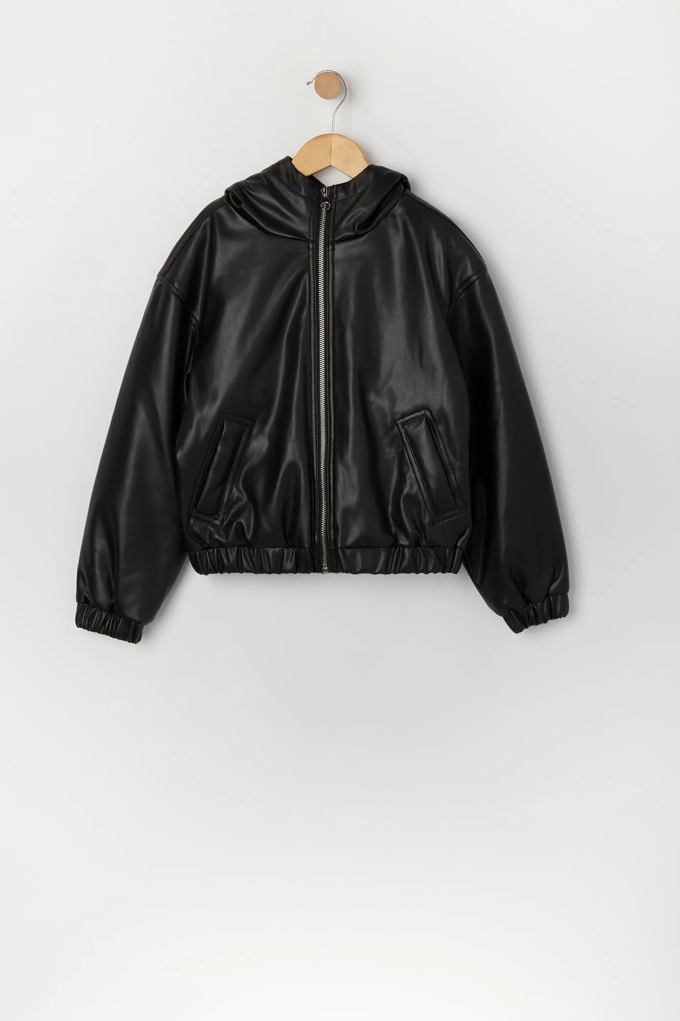Girls Faux Leather Hooded Bomber Jacket sold by Urban Planet