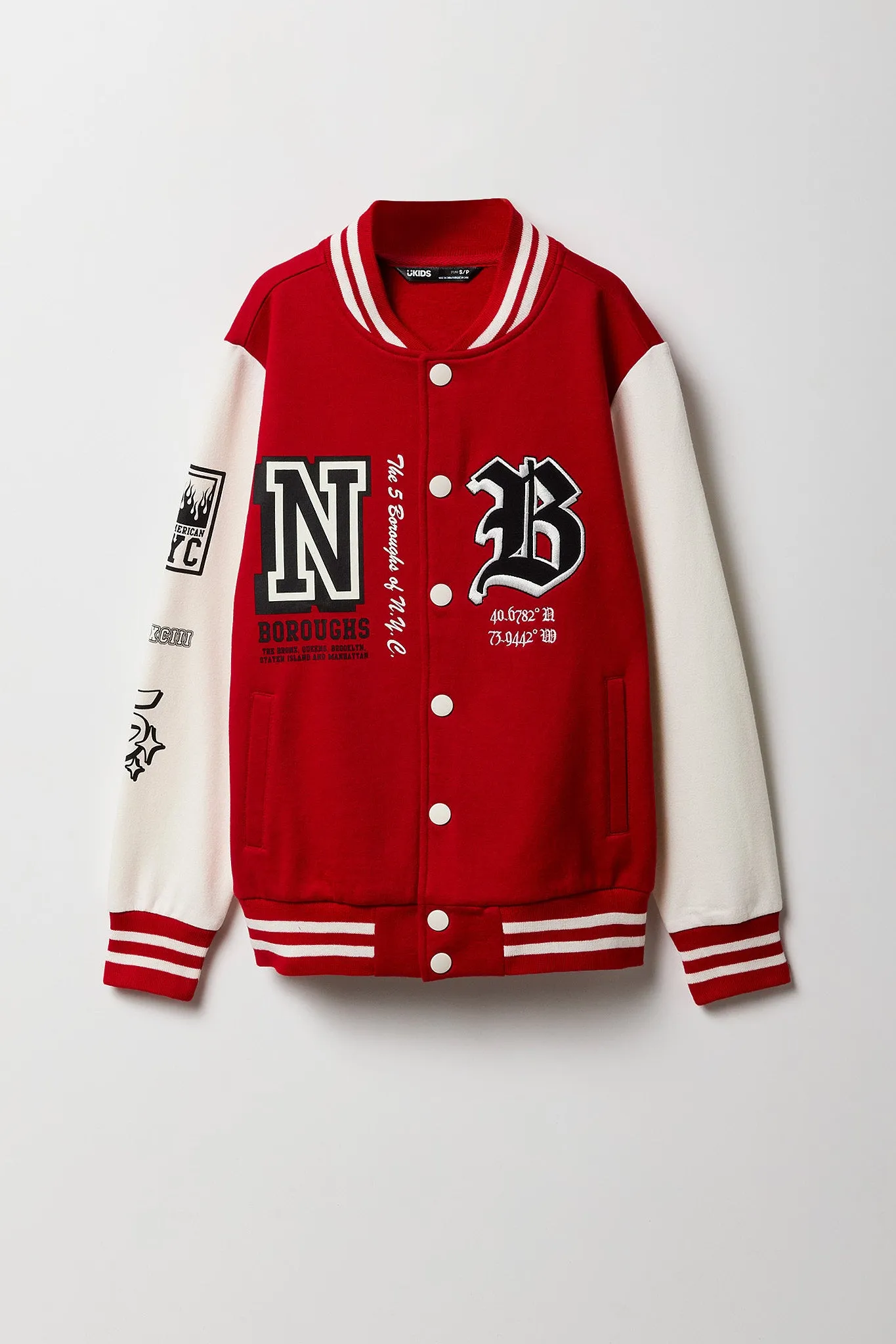 Boys Embroidered Graphic Fleece Varsity Jacket sold by Urban Planet