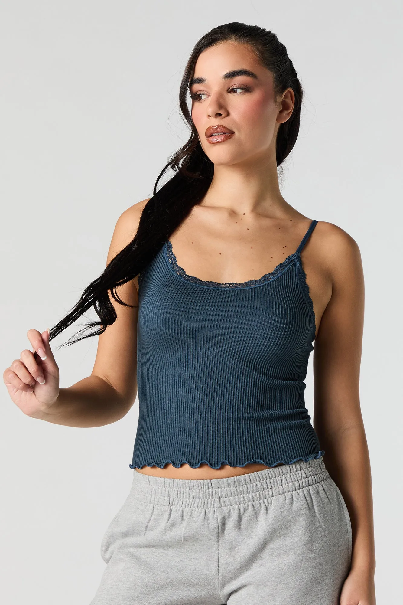 Seamless Ribbed Lace Trim Scoop Neck Tank sold by Urban Planet