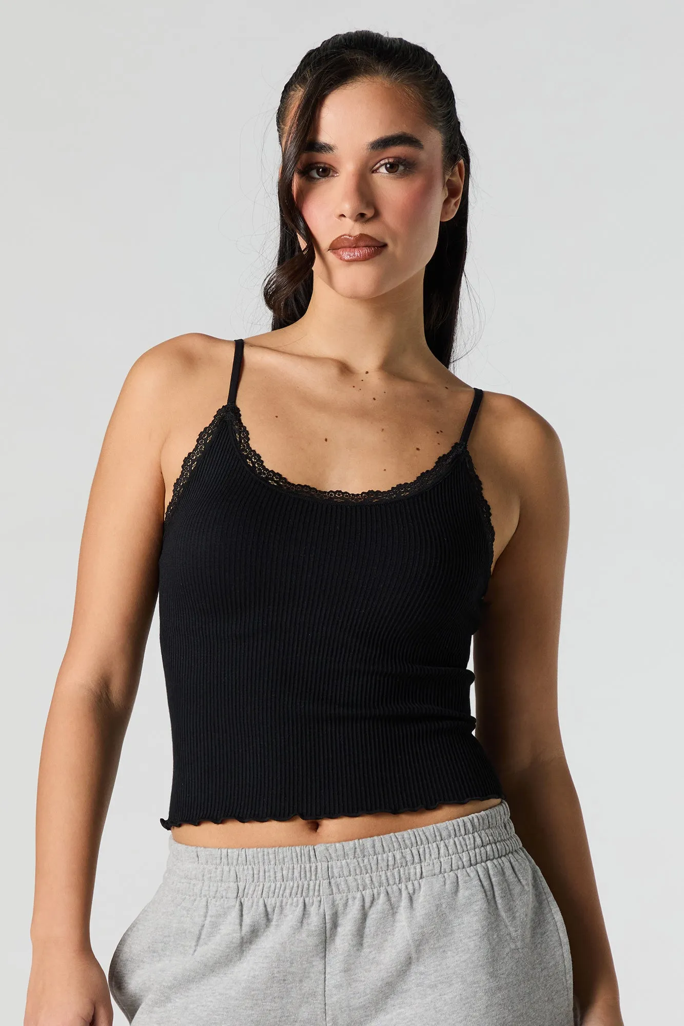 Seamless Ribbed Lace Trim Scoop Neck Tank sold by Urban Planet product image thumbnail 4
