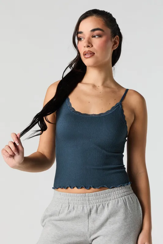 Camisole côtelée sans couture à encolure ronde et bordure de dentelle sold by Urban Planet