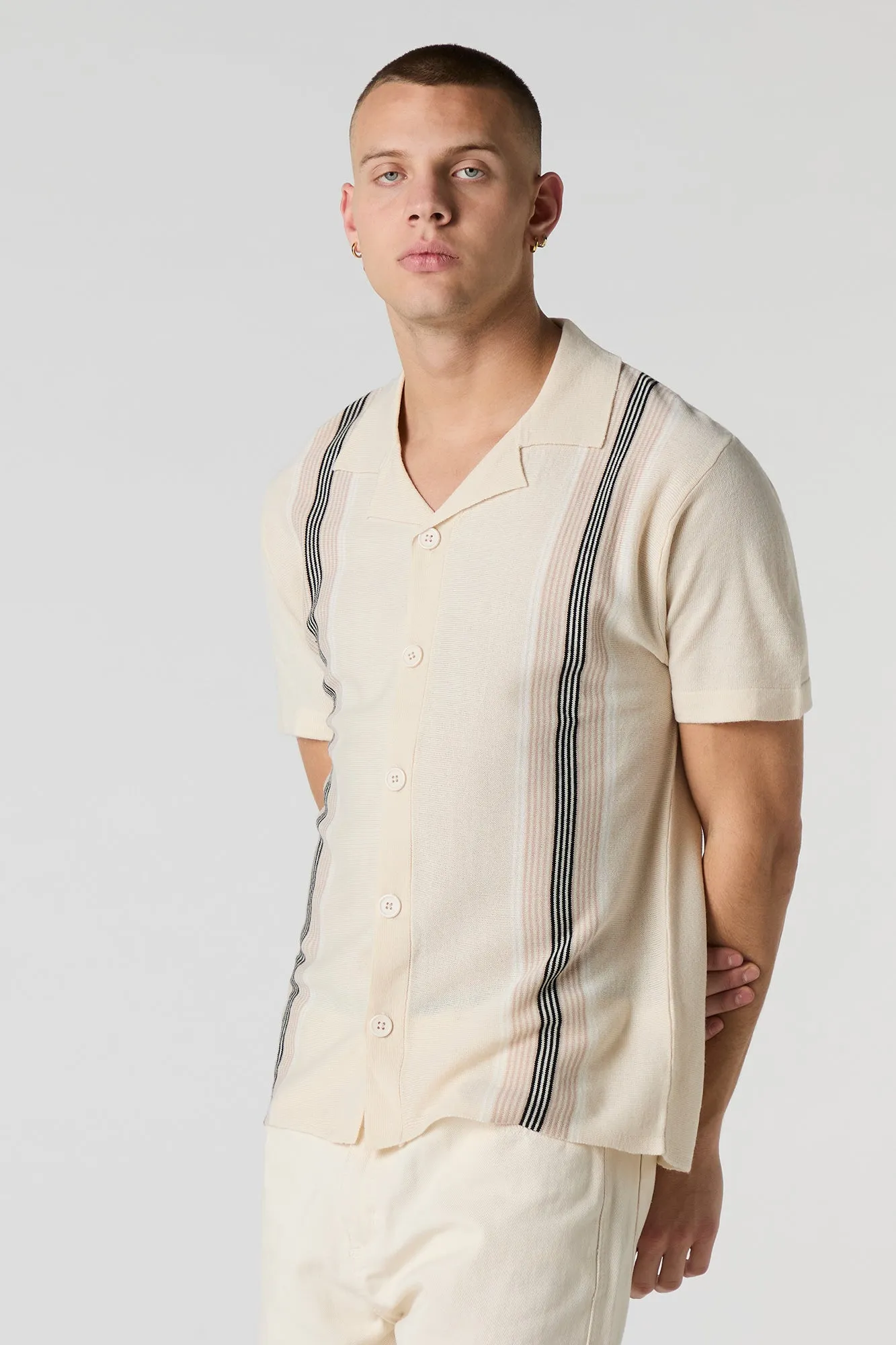 Striped Knit Button Front Short Sleeve Top sold by Urban Planet