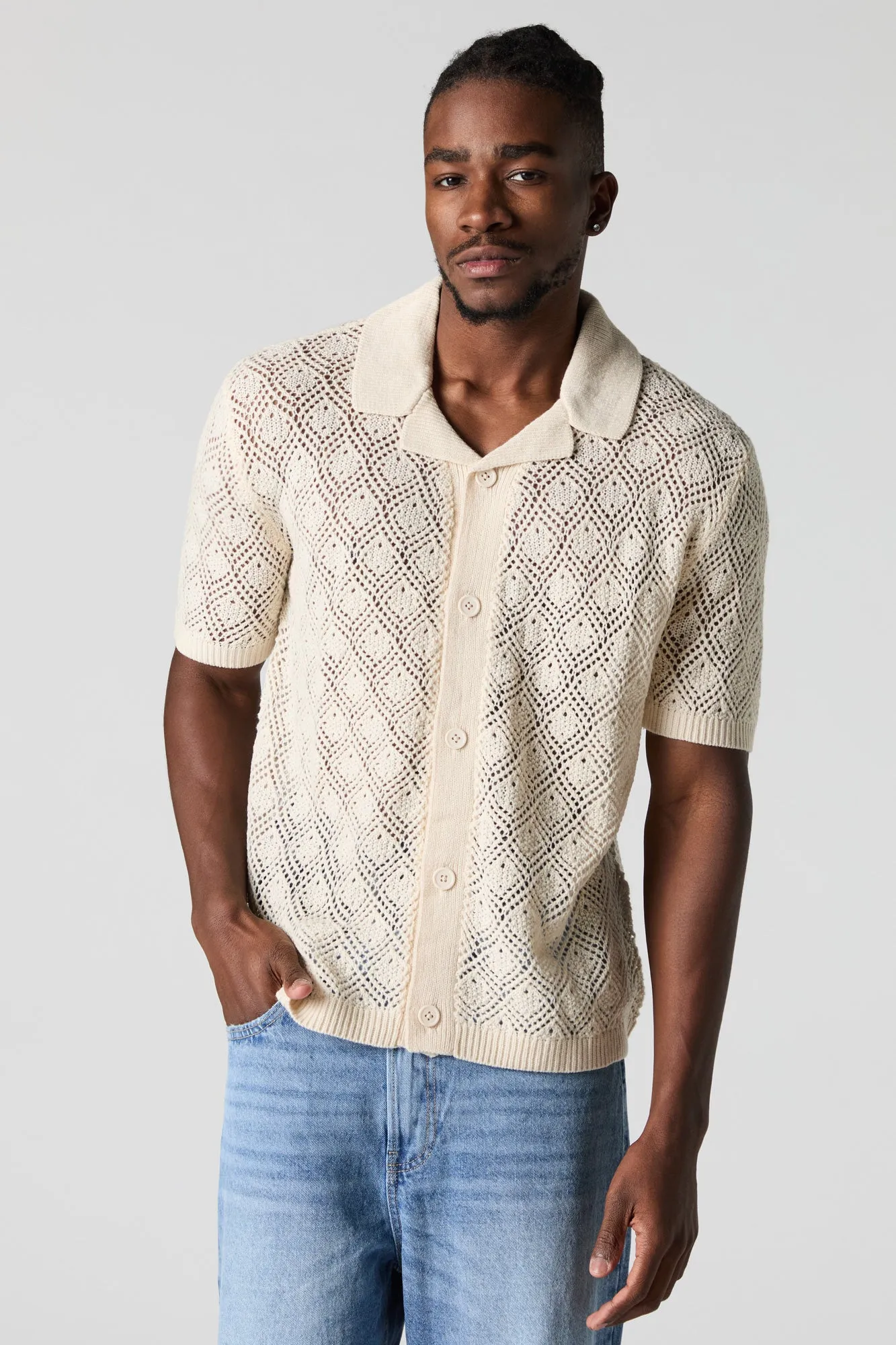 Crochet Knit Button-Up Top sold by Urban Planet