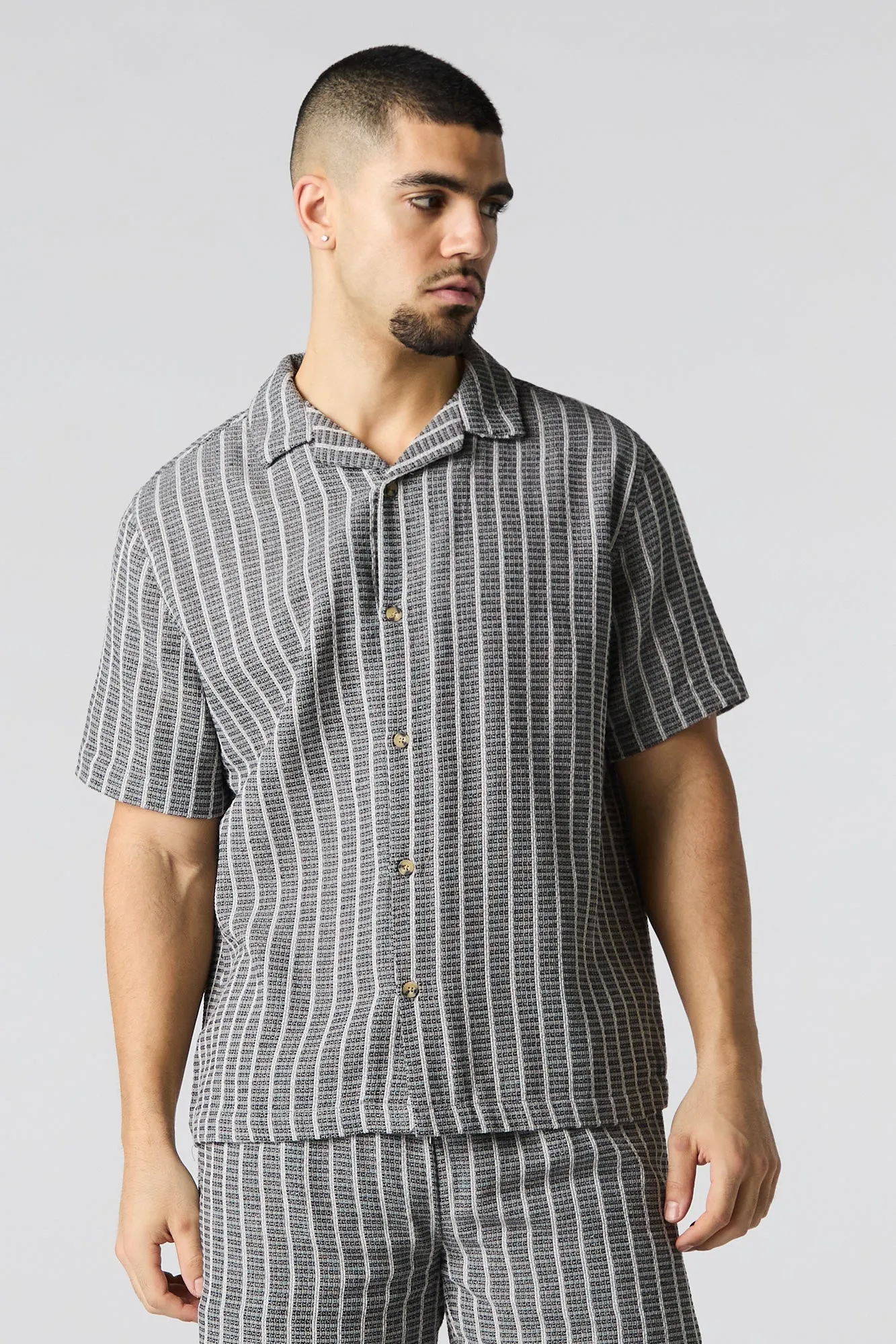 Textured Striped Knit Button-Up Top sold by Urban Planet