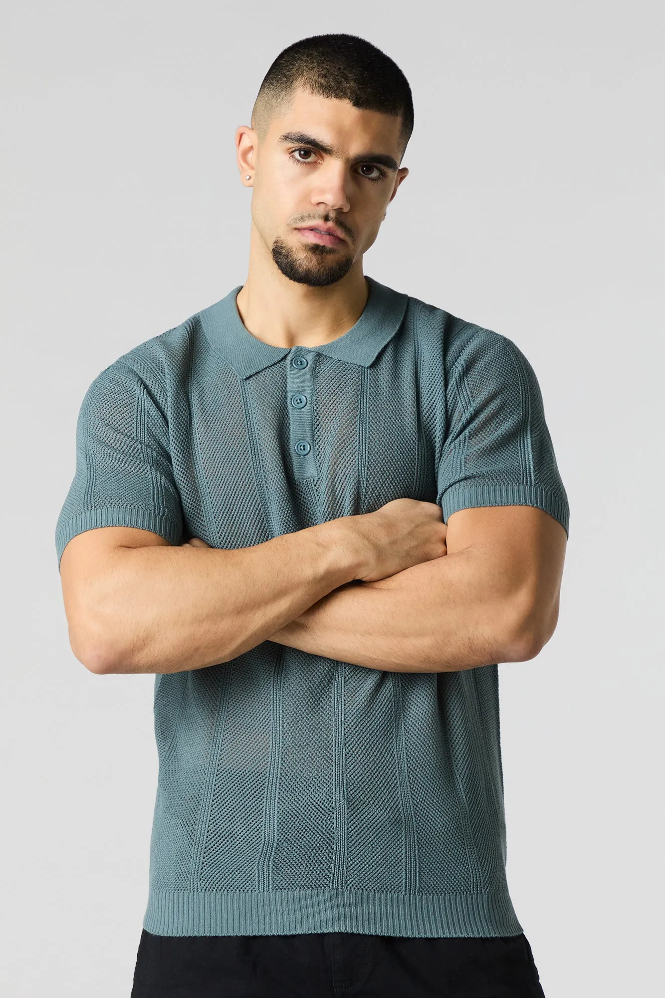 Textured Open Knit Polo T-Shirt sold by Urban Planet