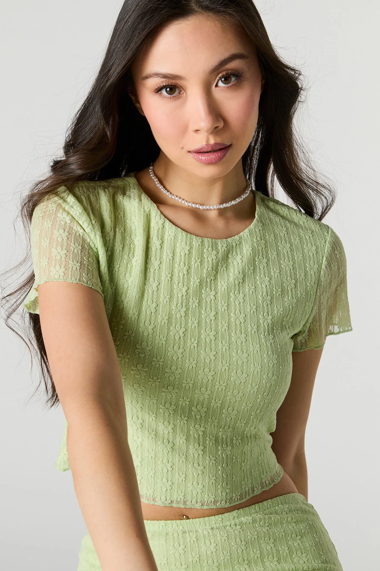 Floral Lace Short Sleeve Crop Top sold by Urban Planet