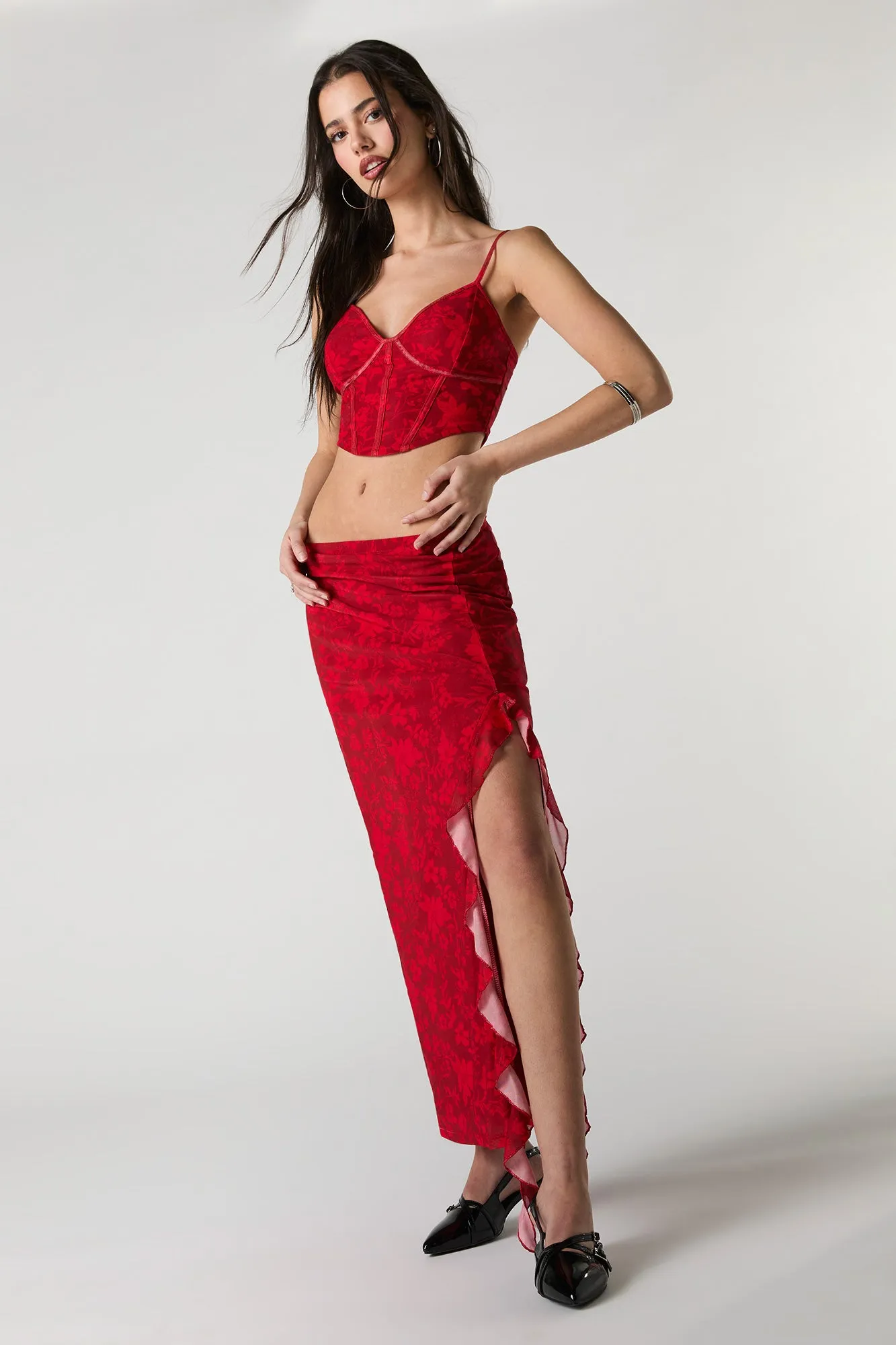 Mesh Ruffle Slit Midi Skirt sold by Urban Planet