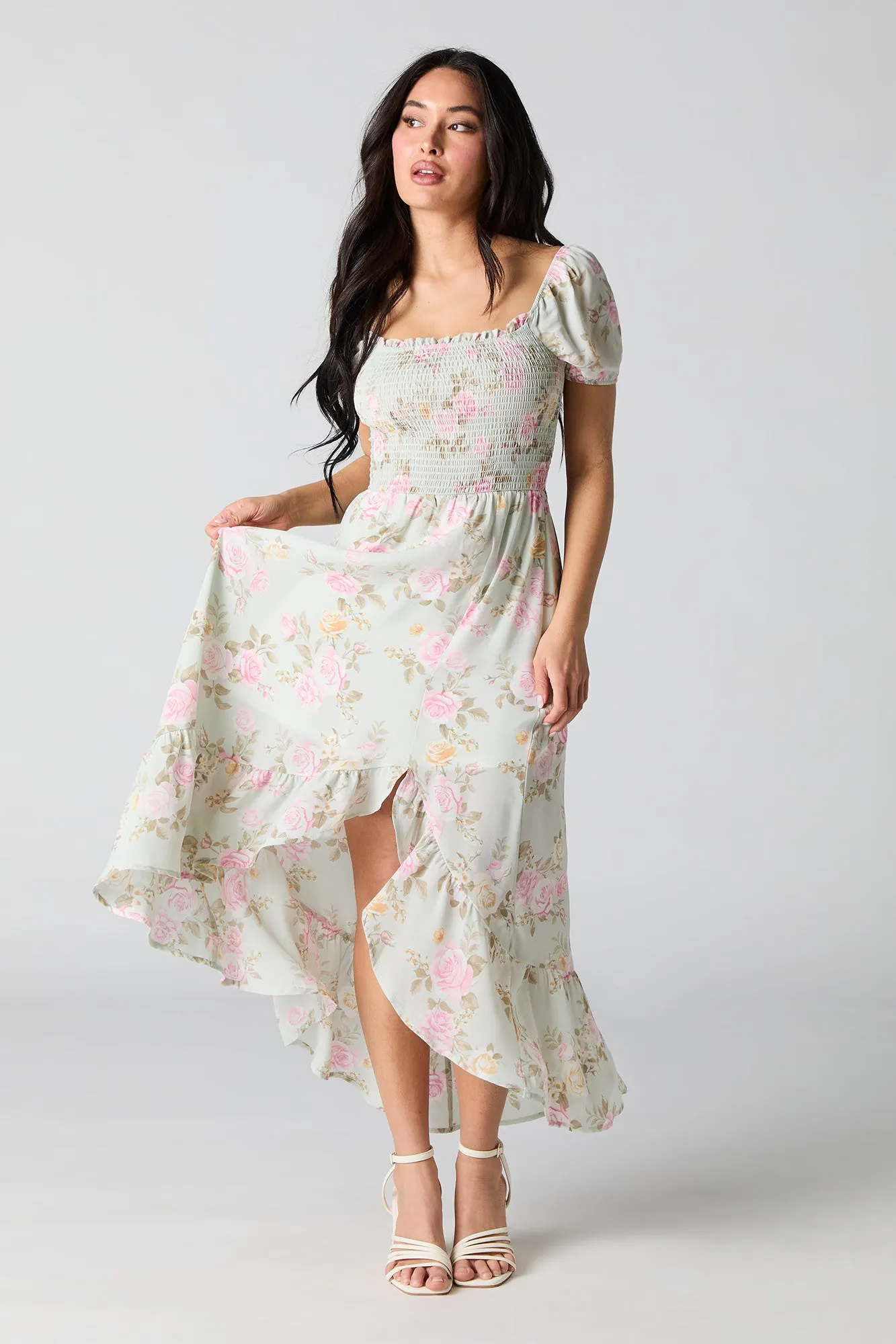Floral Chiffon Asymmetrical Milkmaid Dress sold by Urban Planet