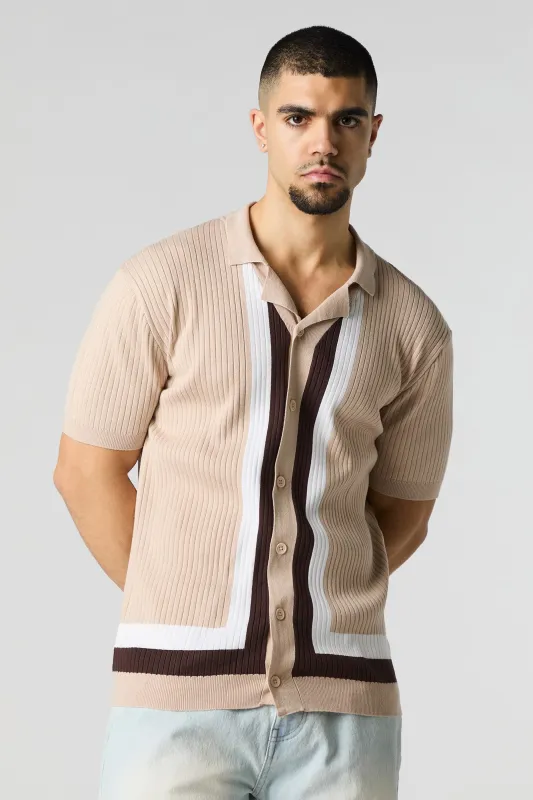 Contrast Ribbed Knit Short Sleeve Button-Up Top sold by Urban Planet
