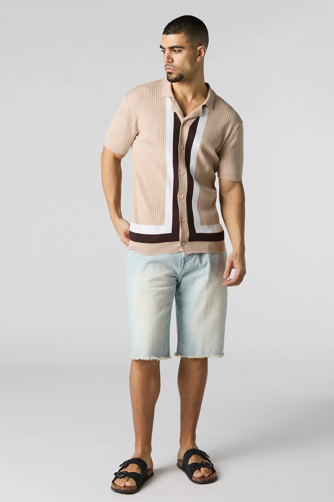 Haut boutonné en tricot côtelé contrastant à manches courtes sold by Urban Planet product image thumbnail 3