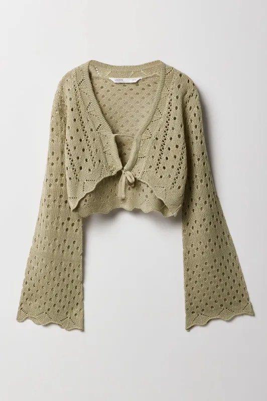 Girls Open Knit Front Tie Bell Sleeve Cardigan sold by Urban Planet