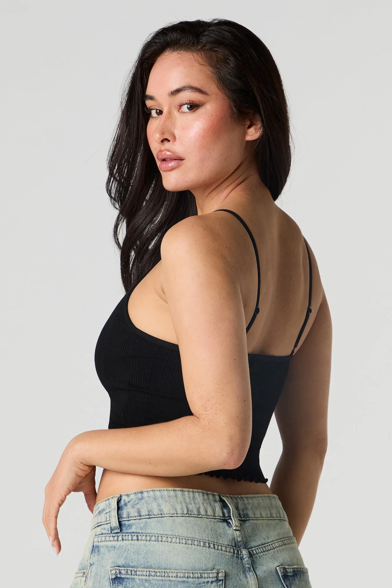 Seamless Ribbed Lace Trim Cami with Built-In Cups sold by Urban Planet product image thumbnail 5