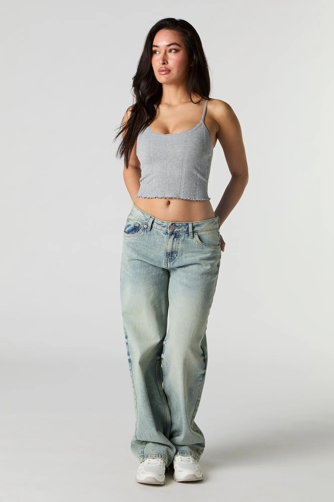 Seamless Ribbed Lace Trim Cami with Built-In Cups sold by Urban Planet product image thumbnail 3