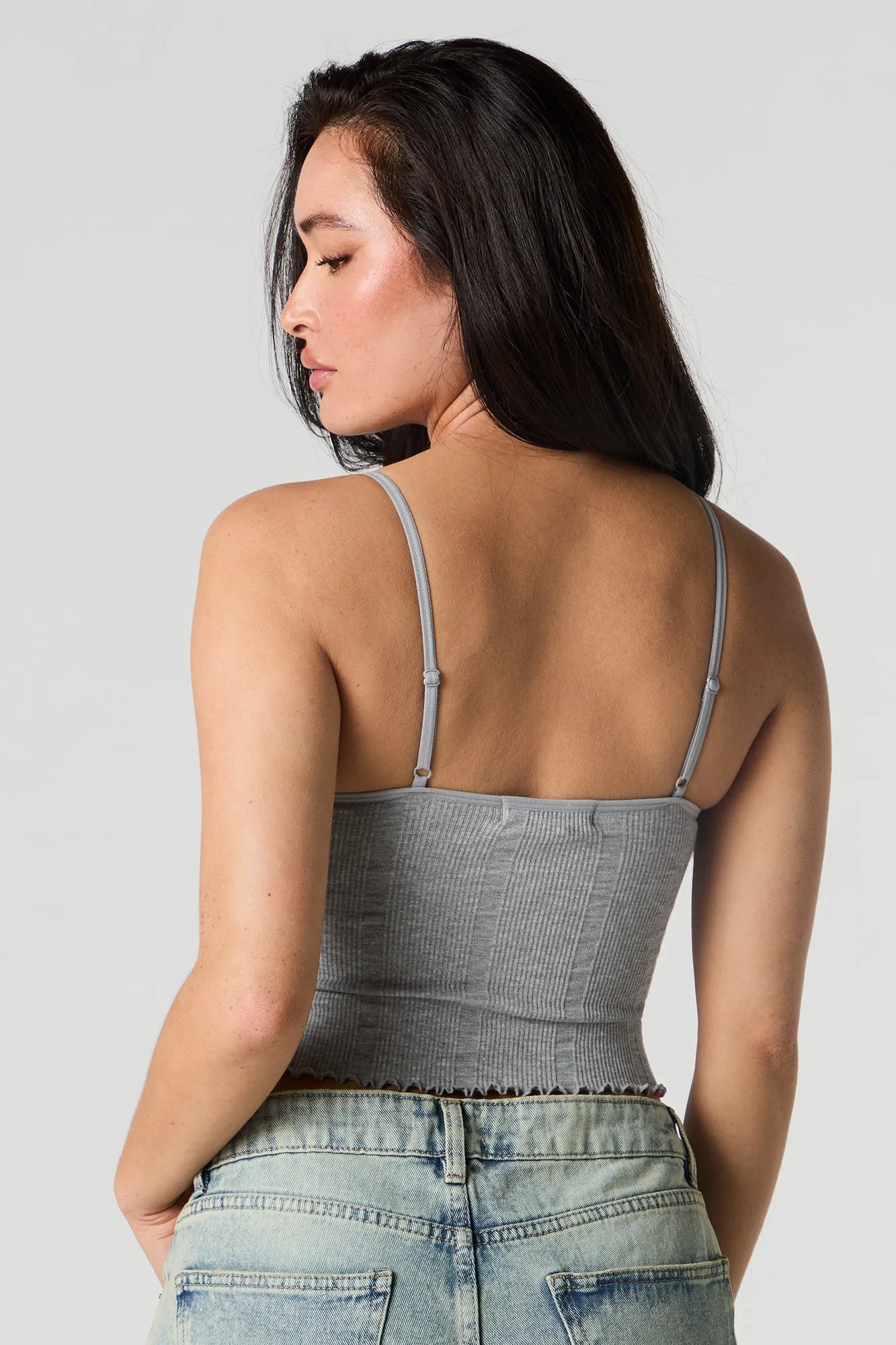 Seamless Ribbed Lace Trim Cami with Built-In Cups sold by Urban Planet product image thumbnail 2