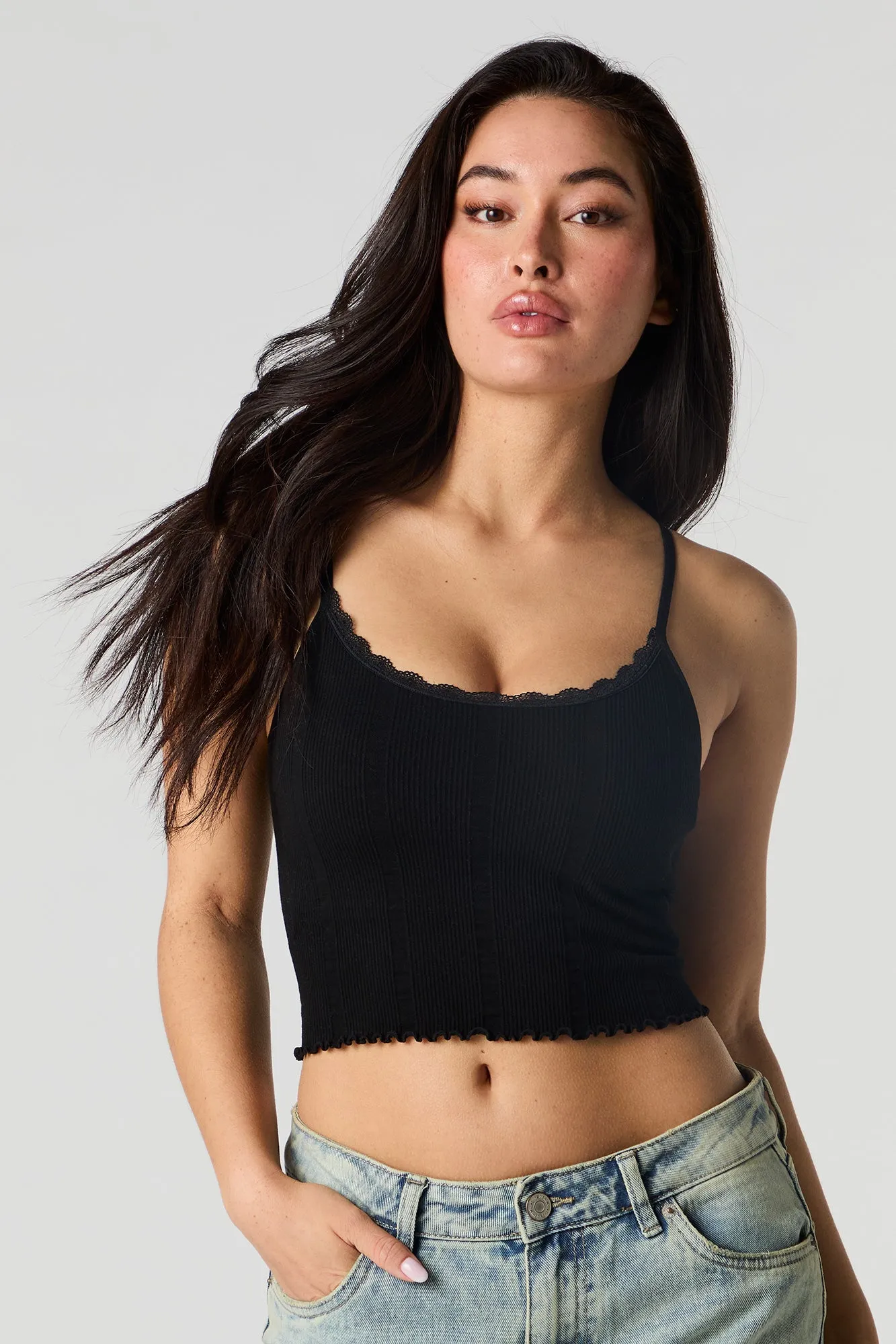 Seamless Ribbed Lace Trim Cami with Built-In Cups sold by Urban Planet product image thumbnail 4