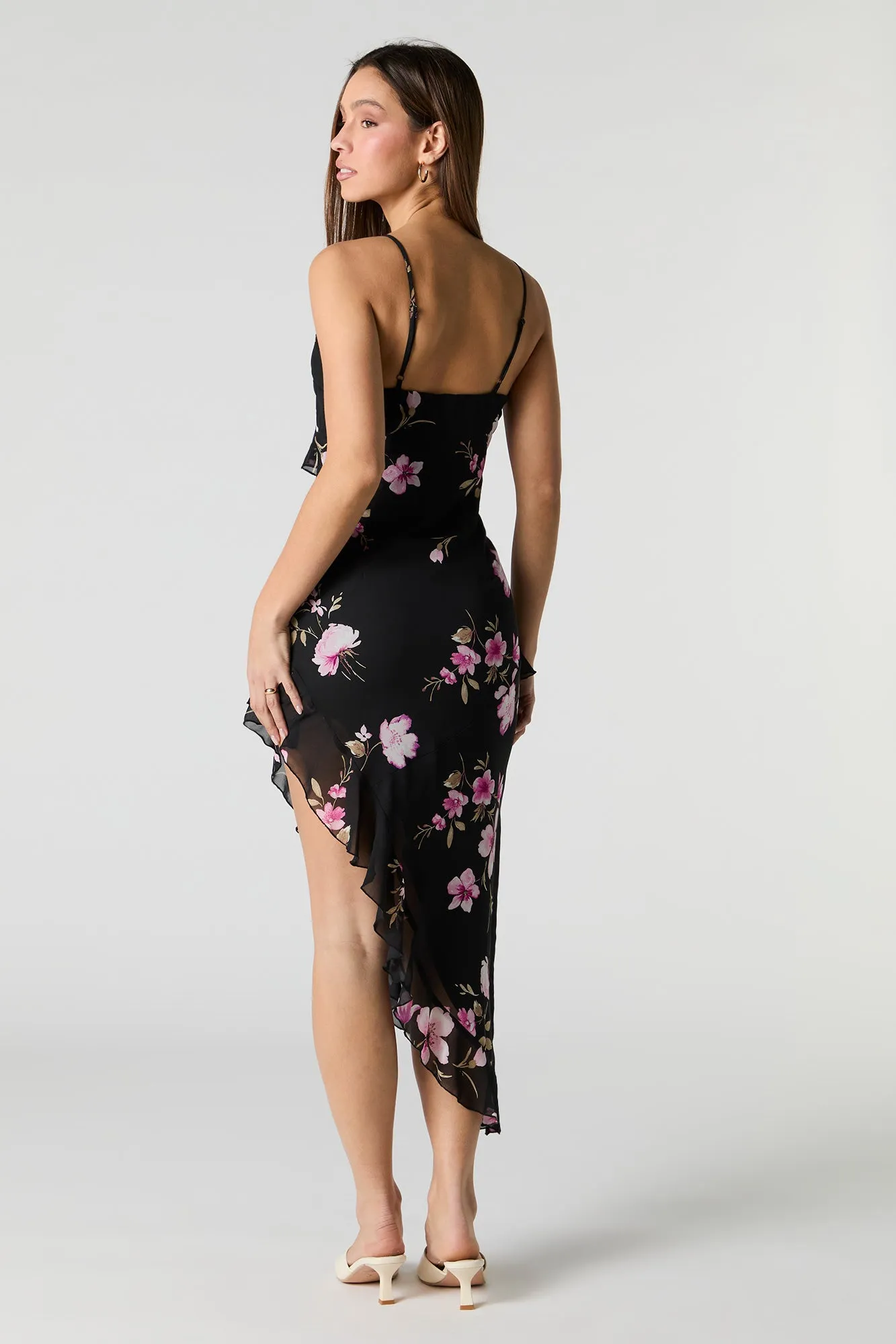 Floral Chiffon Ruffle Asymmetrical Midi Dress sold by Urban Planet product image thumbnail 3