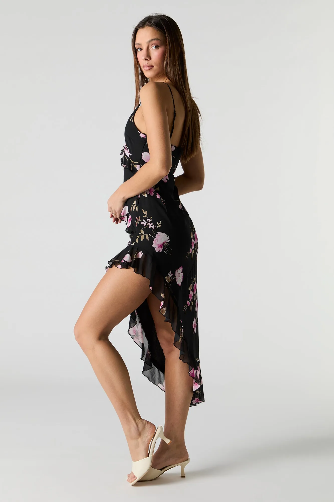 Floral Chiffon Ruffle Asymmetrical Midi Dress sold by Urban Planet product image thumbnail 2