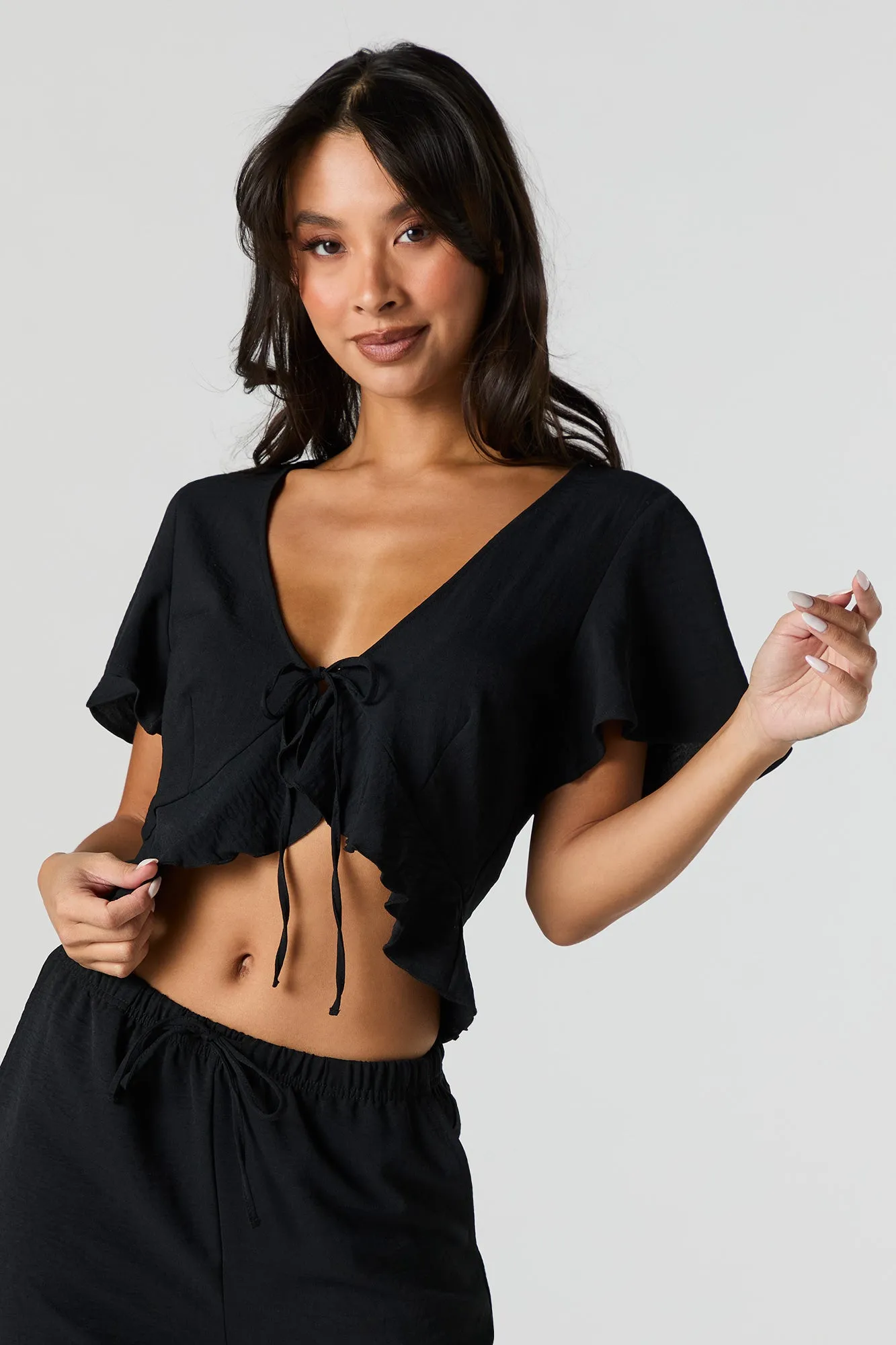 Flowy Tie Front Ruffle Crop Top sold by Urban Planet product image thumbnail 4