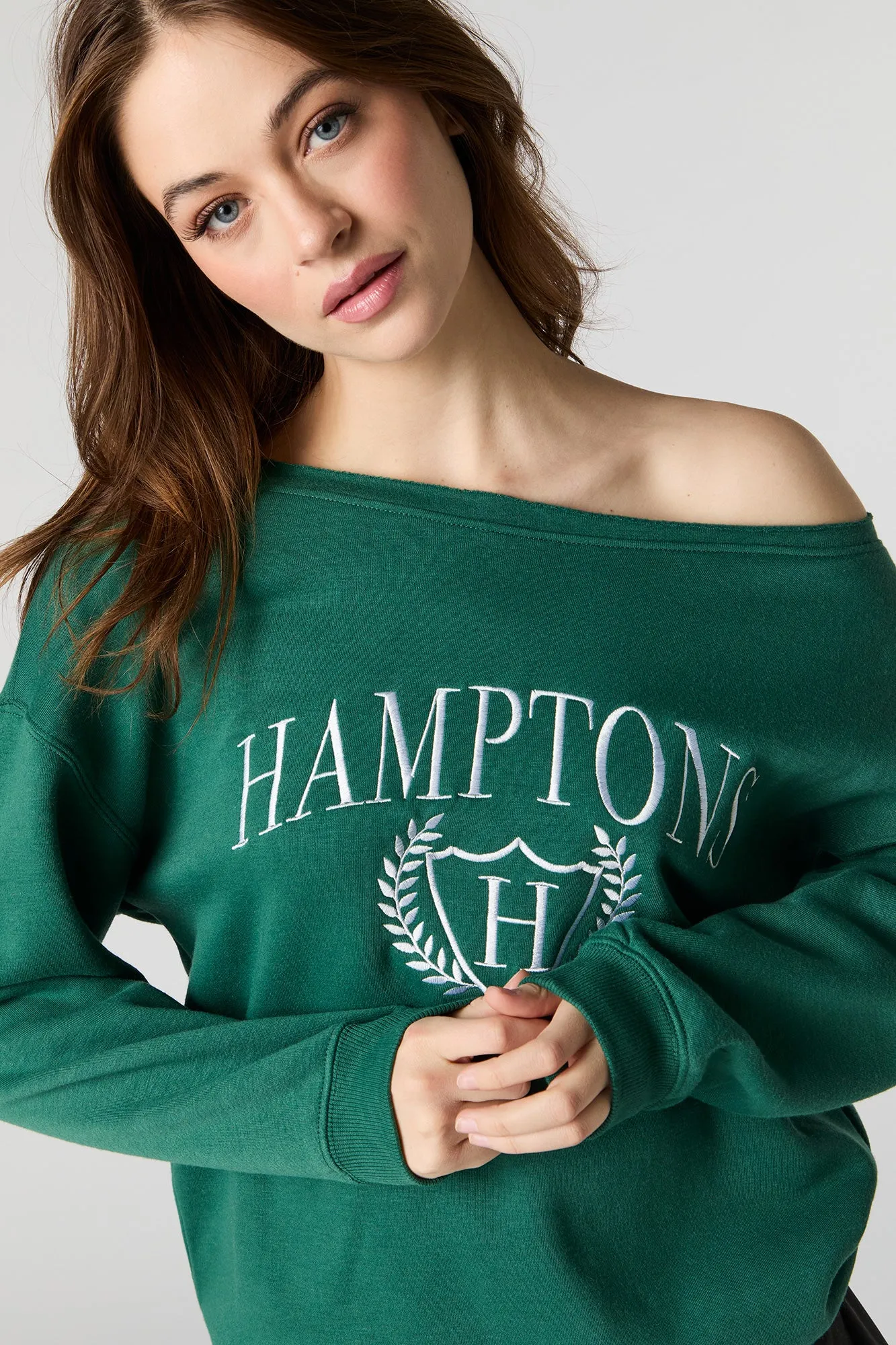 Embroidered Off Shoulder Fleece Sweatshirt sold by Urban Planet