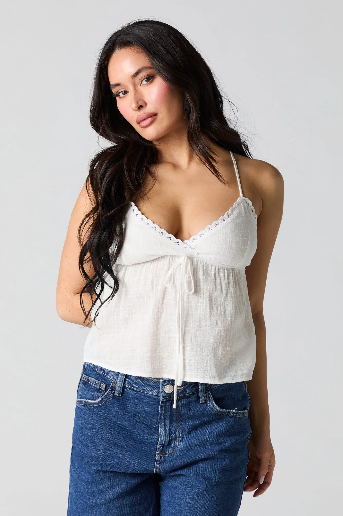 Tie Front Lace Trim Cami sold by Urban Planet