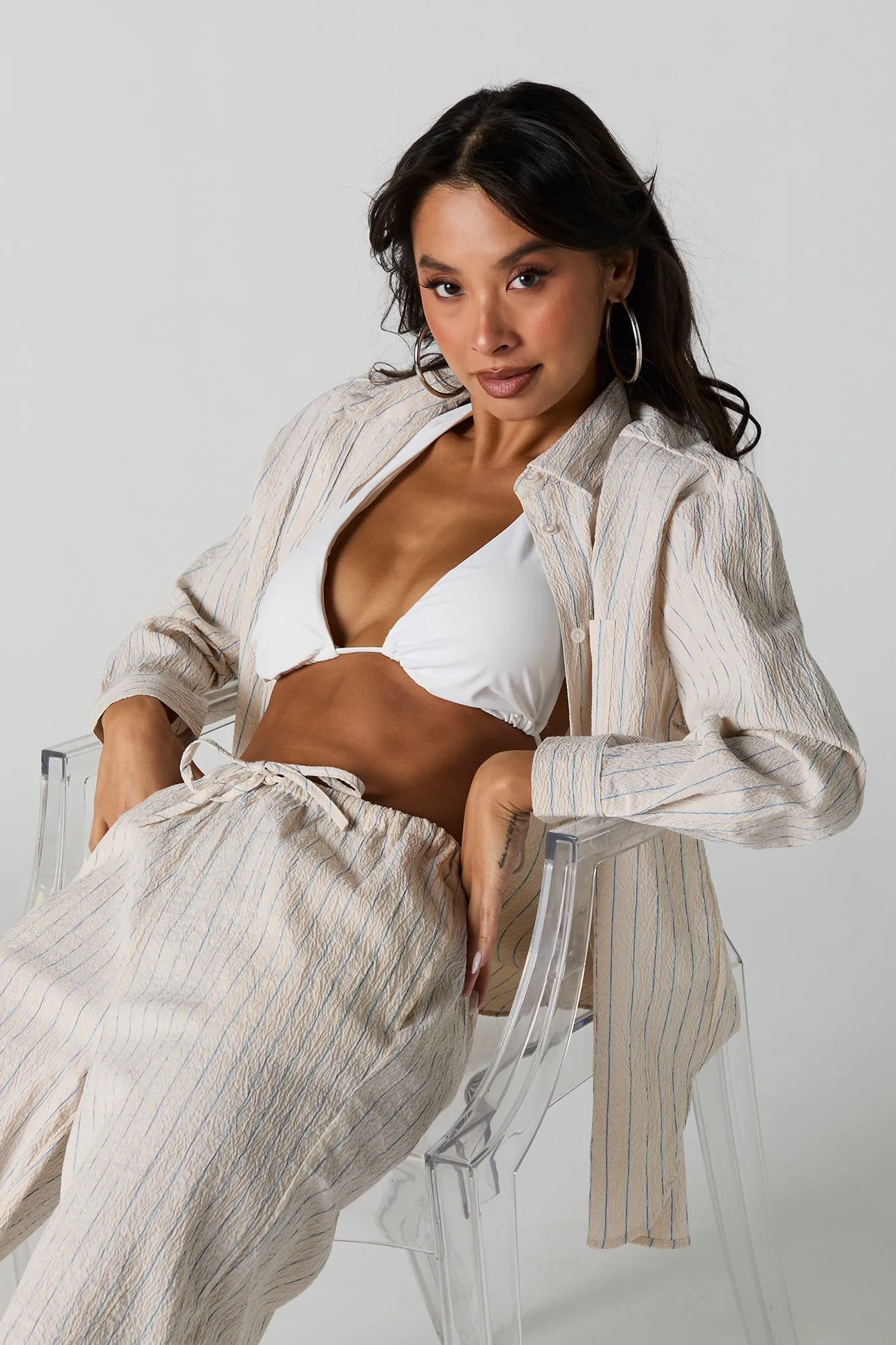 Textured Striped Button-Up Top sold by Urban Planet