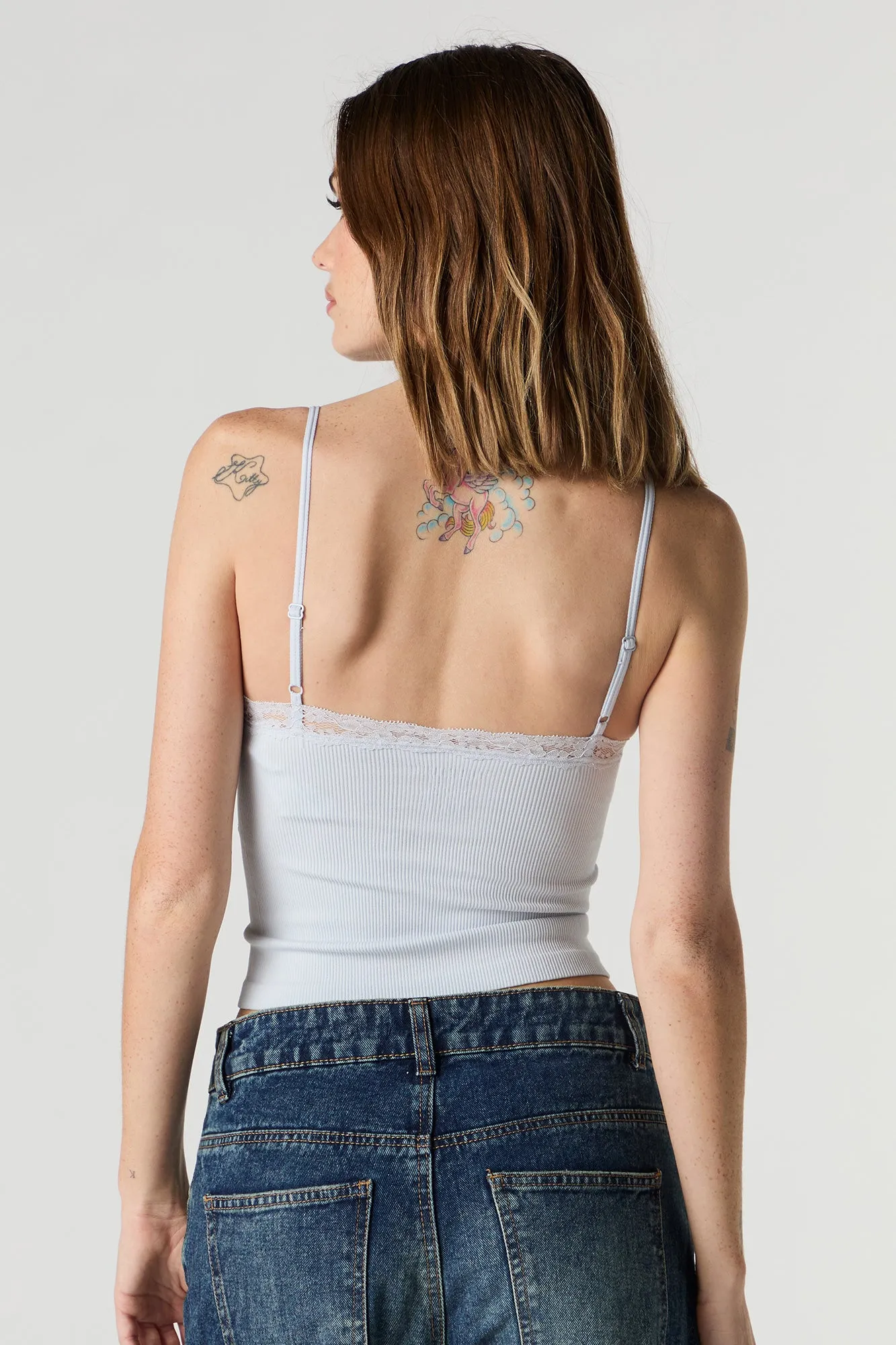 Seamless Ribbed V-Neck Lace Trim Cami with Built-In Cups sold by Urban Planet product image thumbnail 2