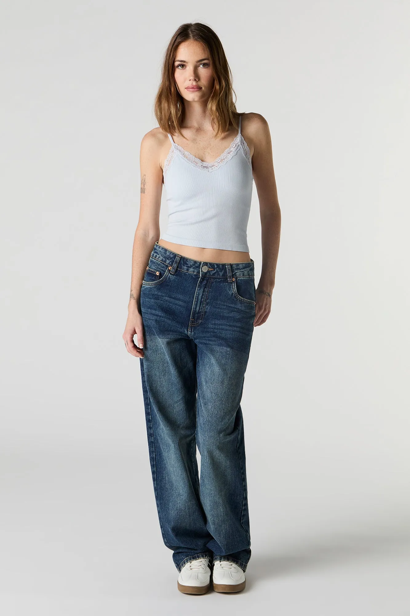 Seamless Ribbed V-Neck Lace Trim Cami with Built-In Cups sold by Urban Planet product image thumbnail 3