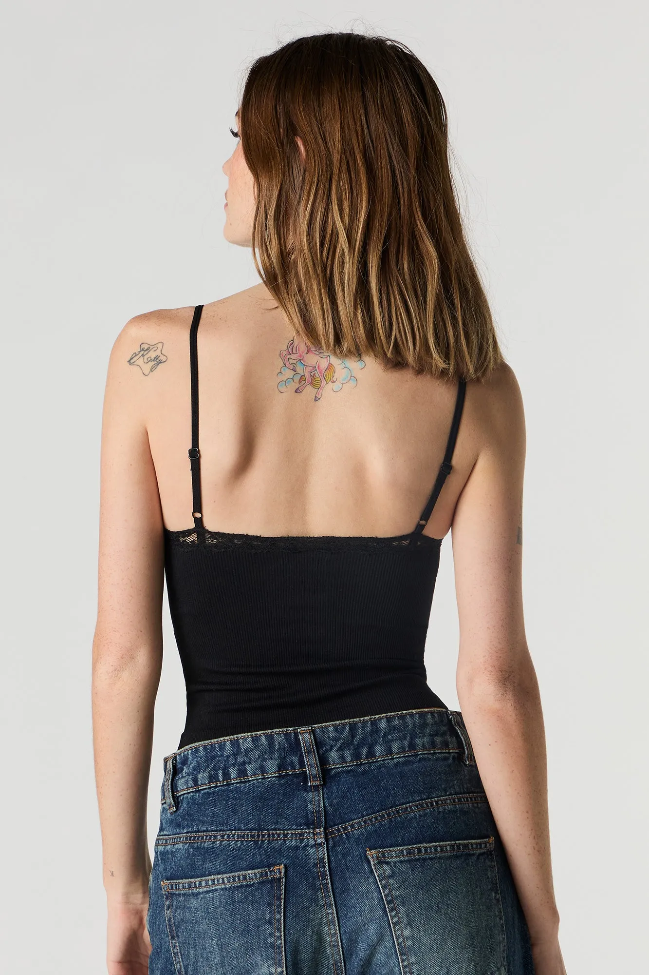 Seamless Ribbed V-Neck Lace Trim Cami with Built-In Cups sold by Urban Planet product image thumbnail 5