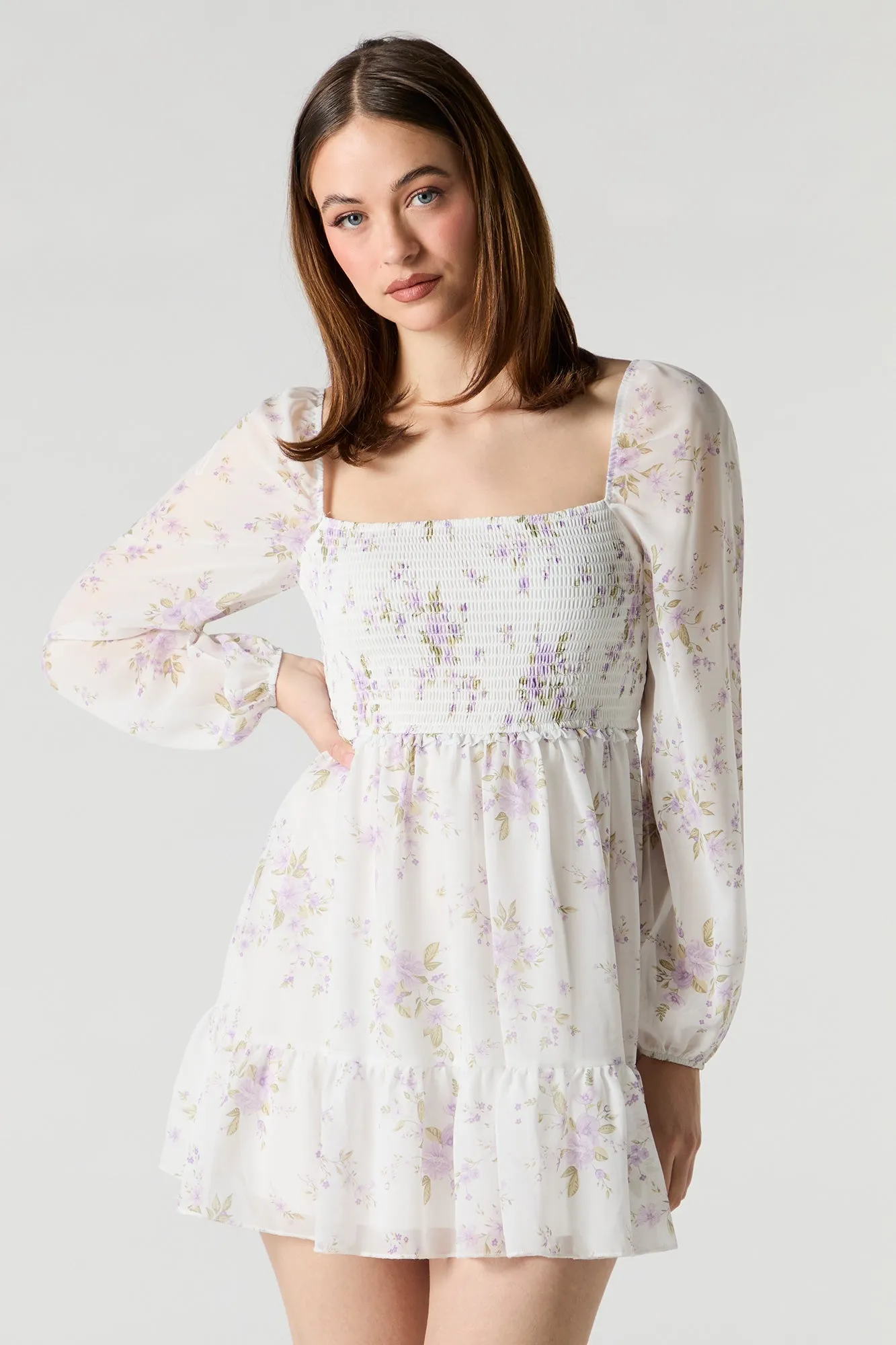 Floral Chiffon Smocked Long Sleeve Mini Dress sold by Urban Planet product image thumbnail 5