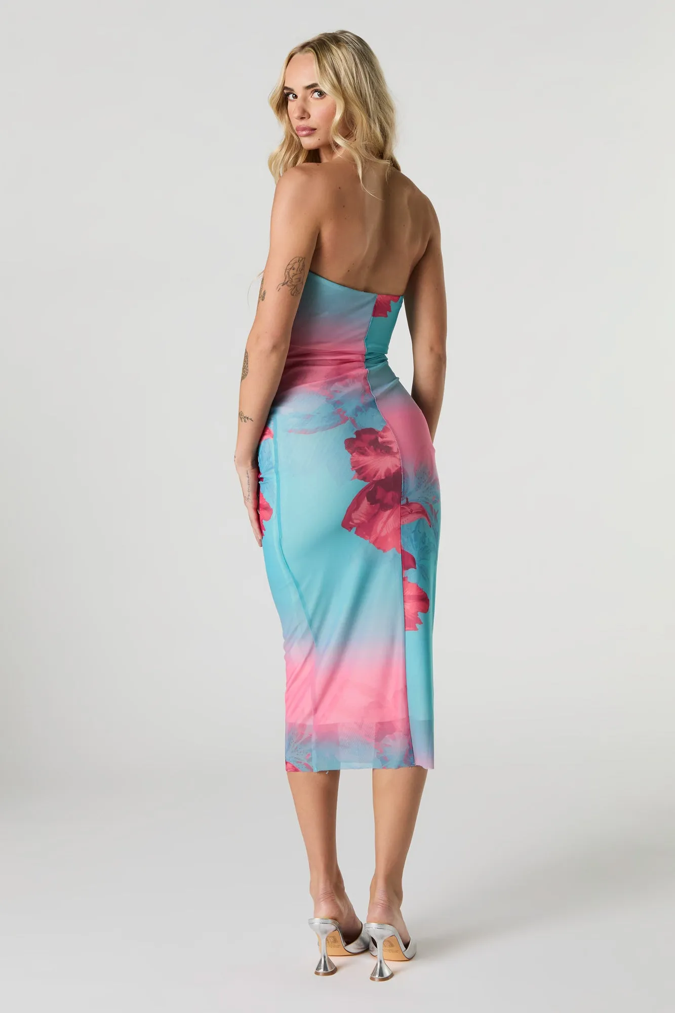 Floral Mesh Ruched Midi Tube Dress sold by Urban Planet product image thumbnail 3