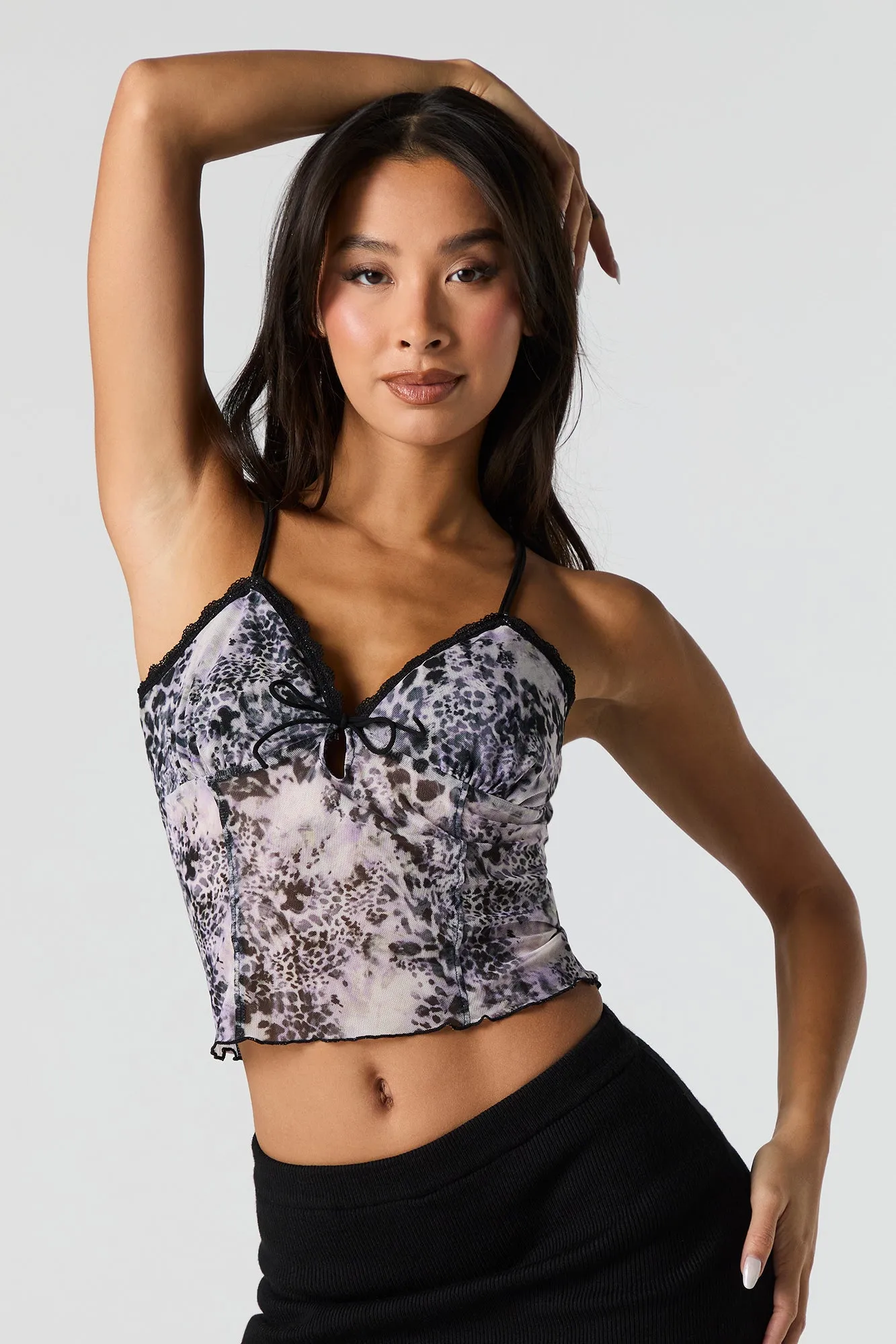 Printed Mesh Lace Trim Cropped Cami sold by Urban Planet