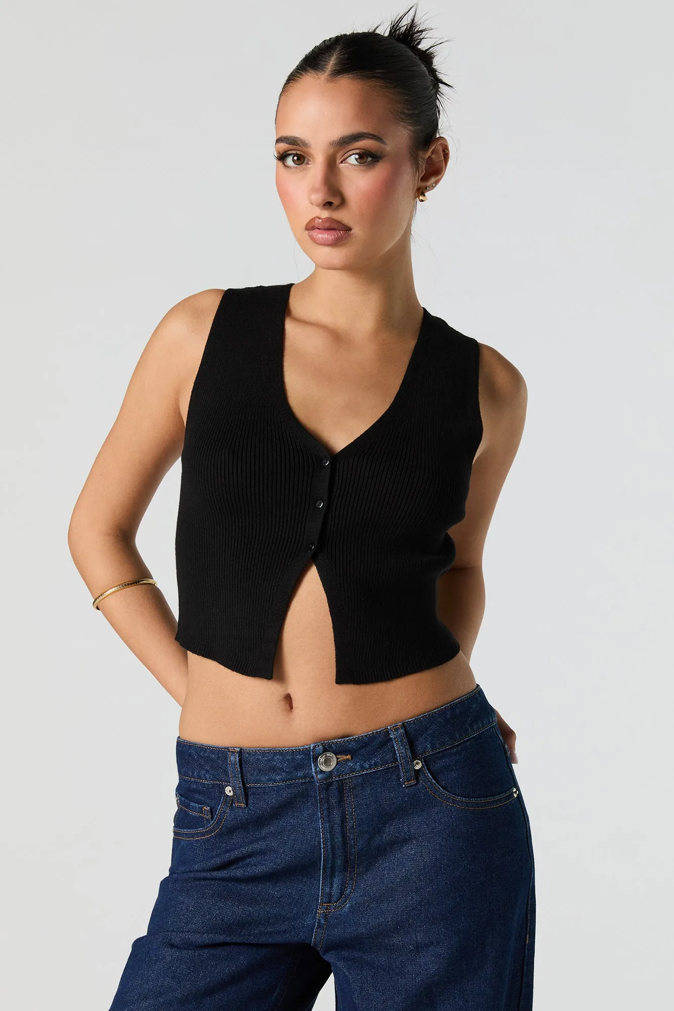 Ribbed Knit Button-Up Vest sold by Urban Planet product image thumbnail 5