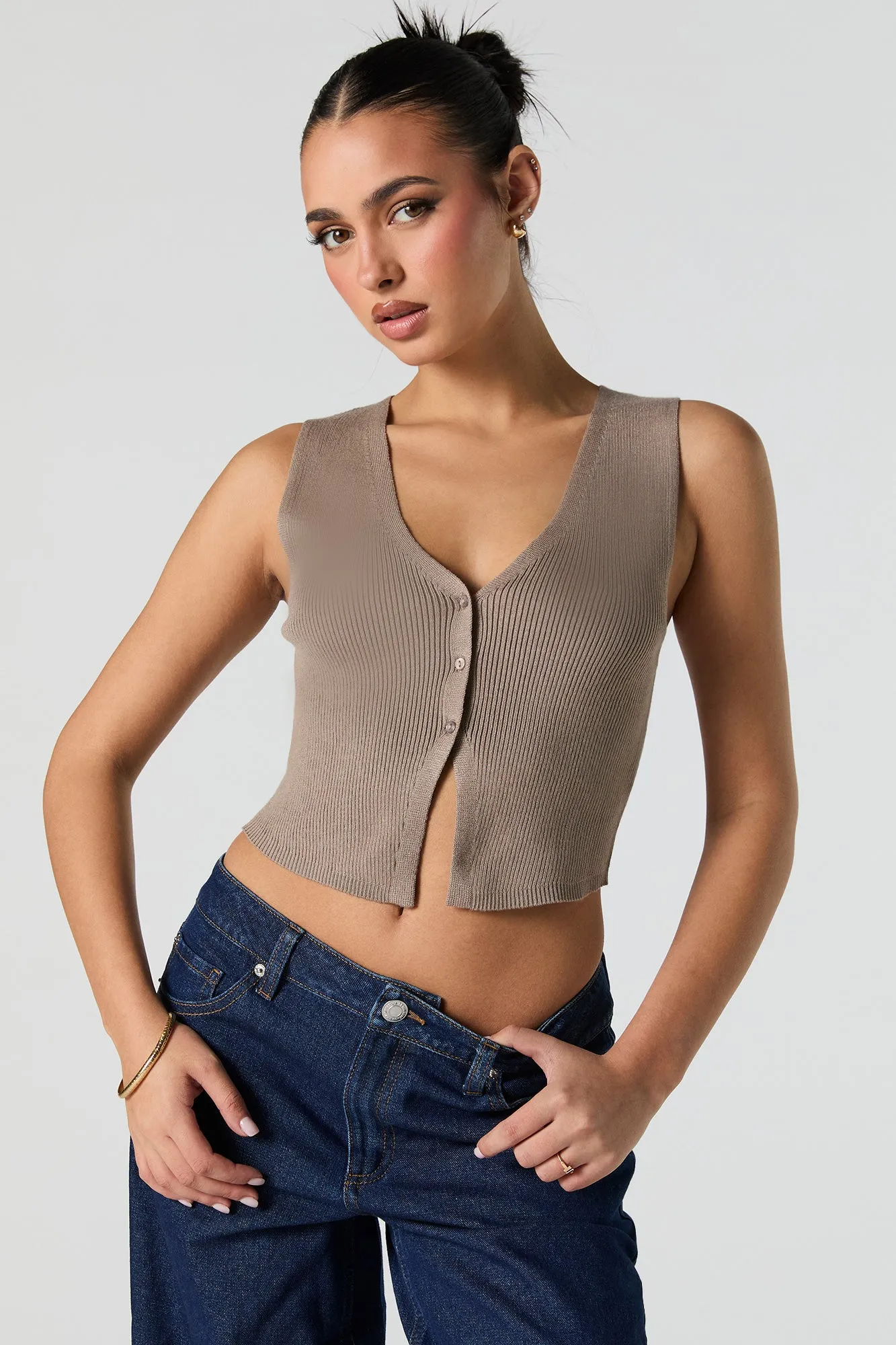 Ribbed Knit Button-Up Vest sold by Urban Planet product image thumbnail 4
