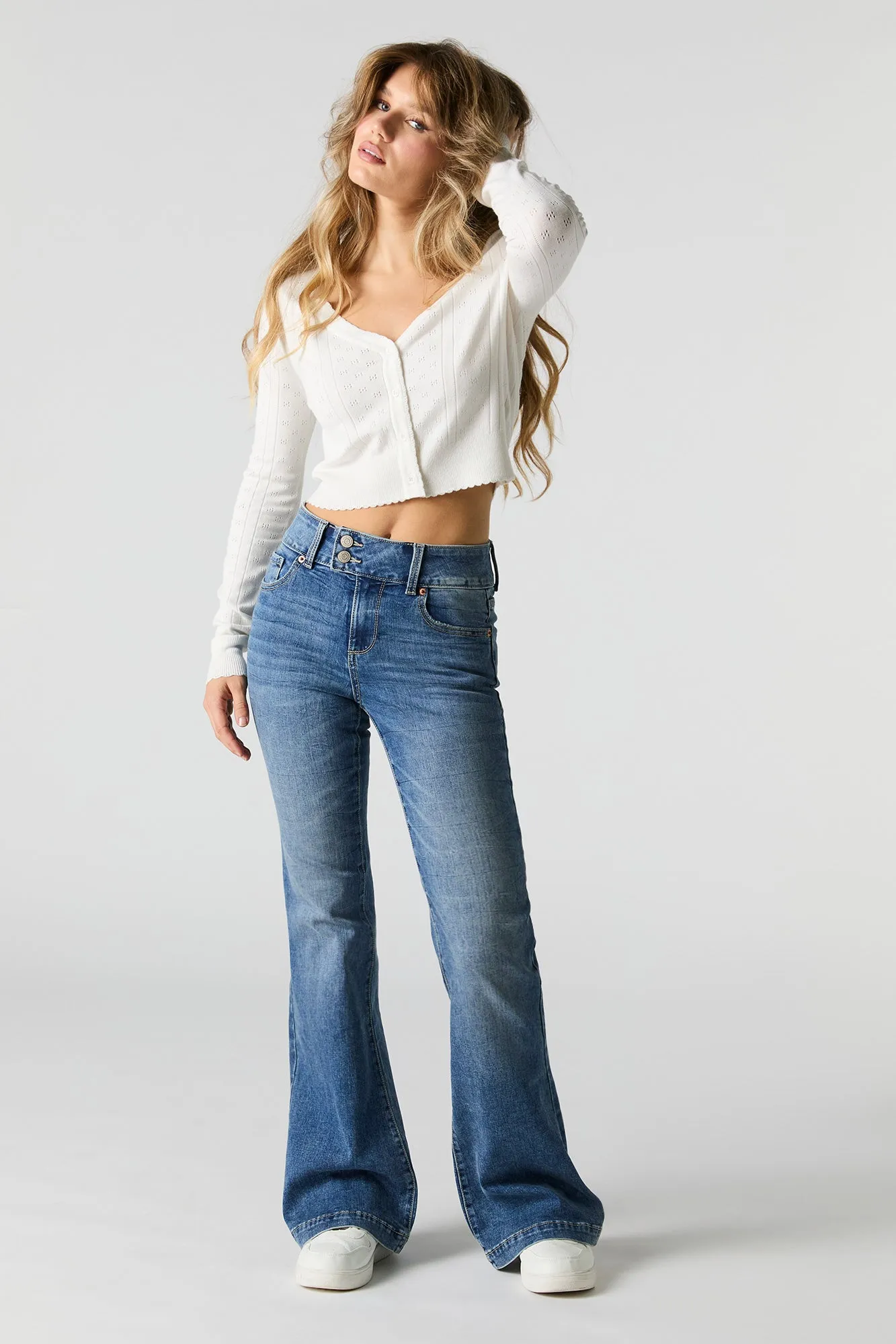 Pointelle Knit Button-Up Cropped Cardigan sold by Urban Planet product image thumbnail 3