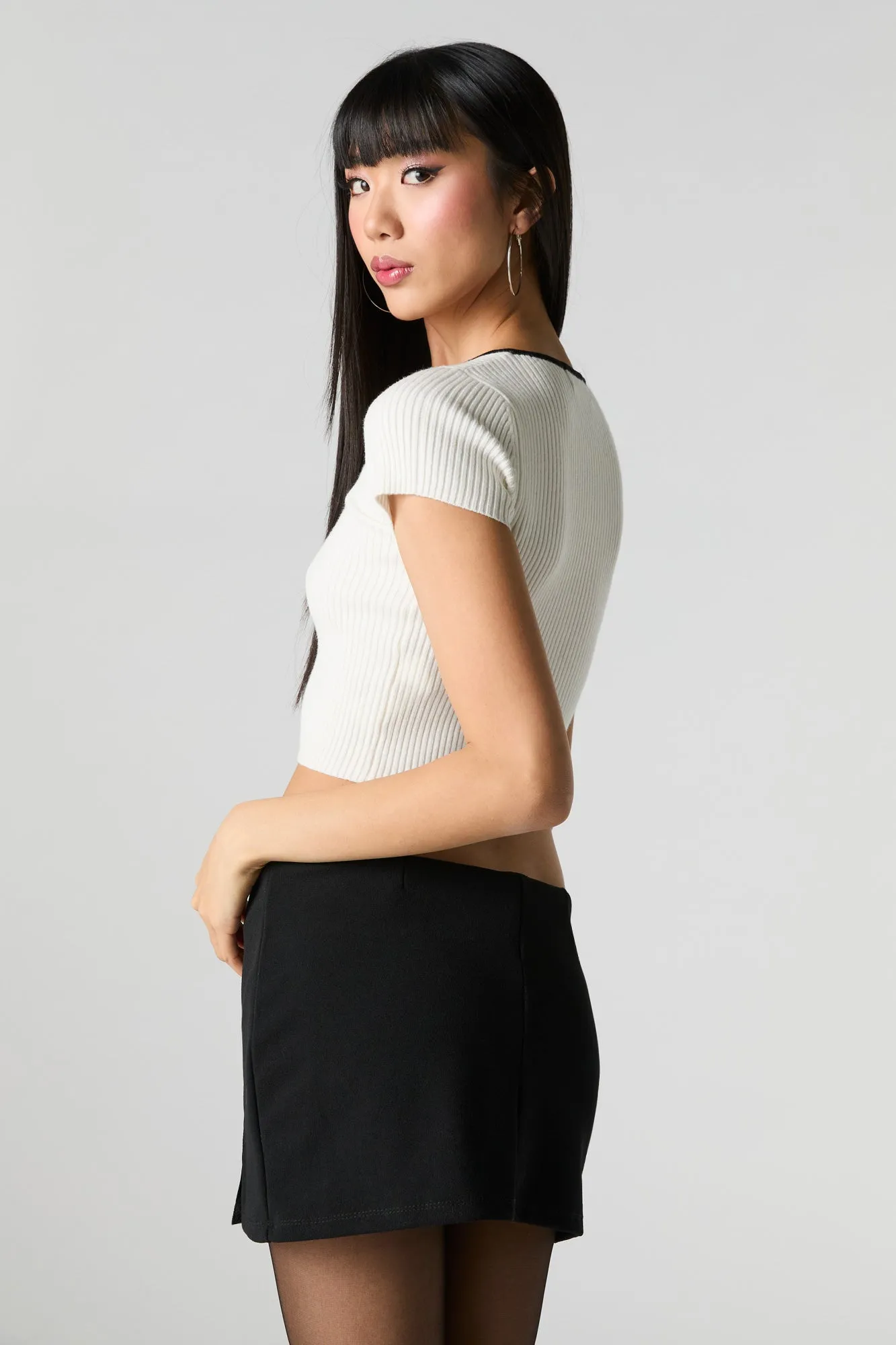 Ribbed Knit Contrast Trim Short Sleeve Sweater sold by Urban Planet product image thumbnail 2