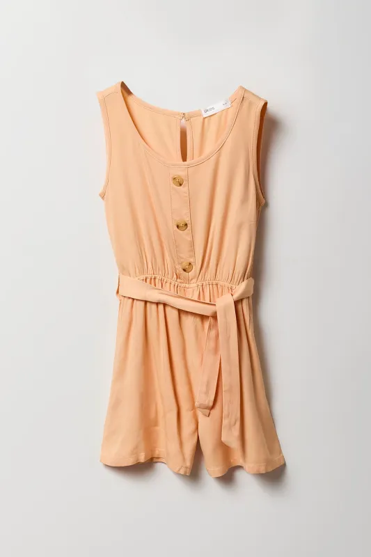Girls Button Front Belted Romper sold by Urban Planet
