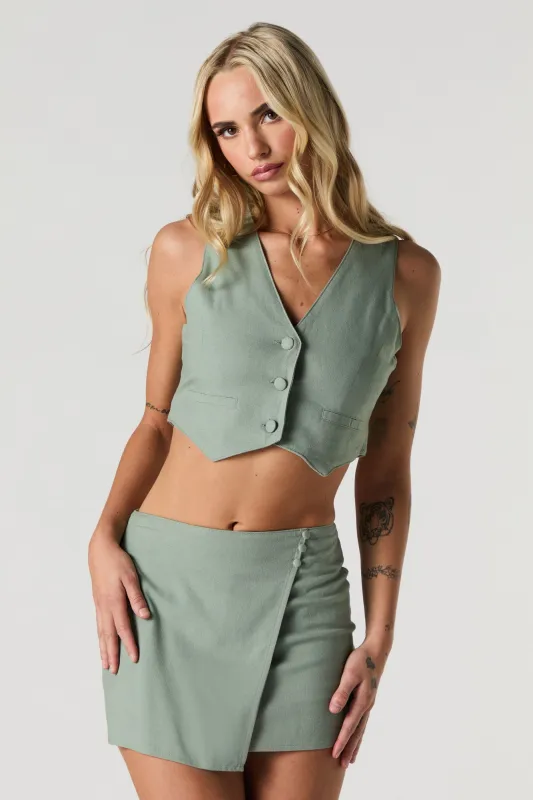 Linen Cropped Button-Up Vest sold by Urban Planet