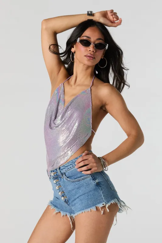 Haut écourté à col châle en tissu métallisé garni de pierres du Rhin sold by Urban Planet