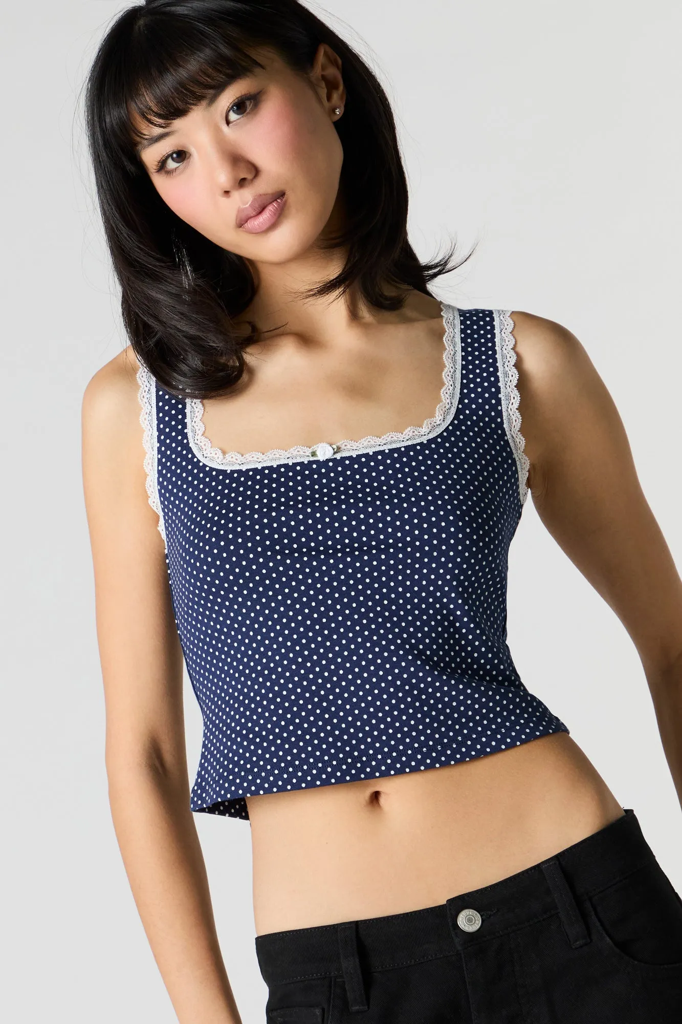 Square Neck Lace Trim Rosette Tank sold by Urban Planet