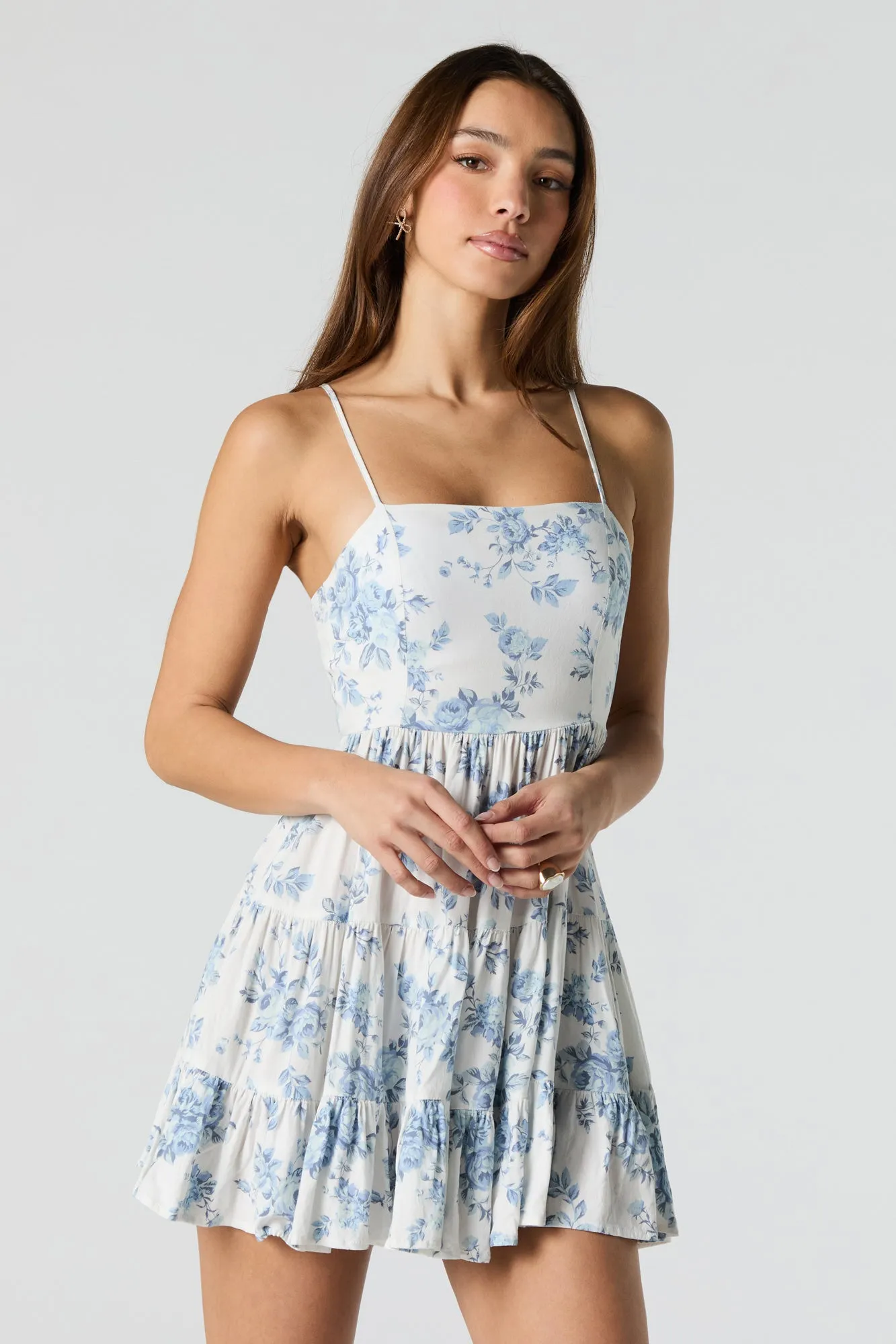 Printed Tie Back Tiered Mini Dress with Built-In Cups sold by Urban Planet product image thumbnail 2