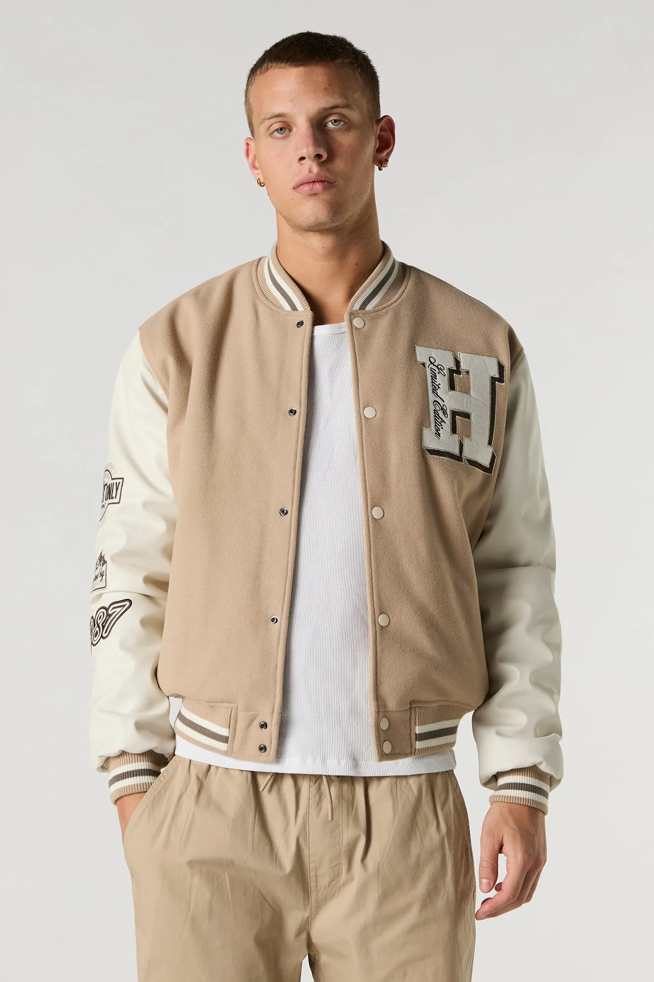 Embroidered Faux-Leather & Fleece Varsity Jacket sold by Urban Planet product image thumbnail 5