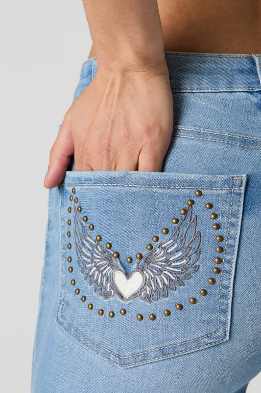 Medium Wash Mid Rise Embroidered Back Pocket Flare Jean sold by Urban Planet