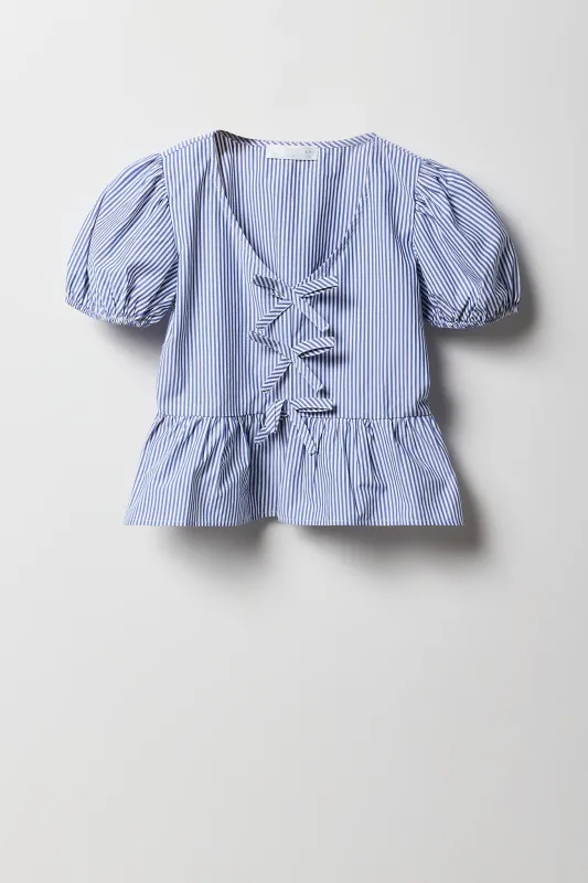 Girls Ribbon Front Puff Sleeve Top sold by Urban Planet
