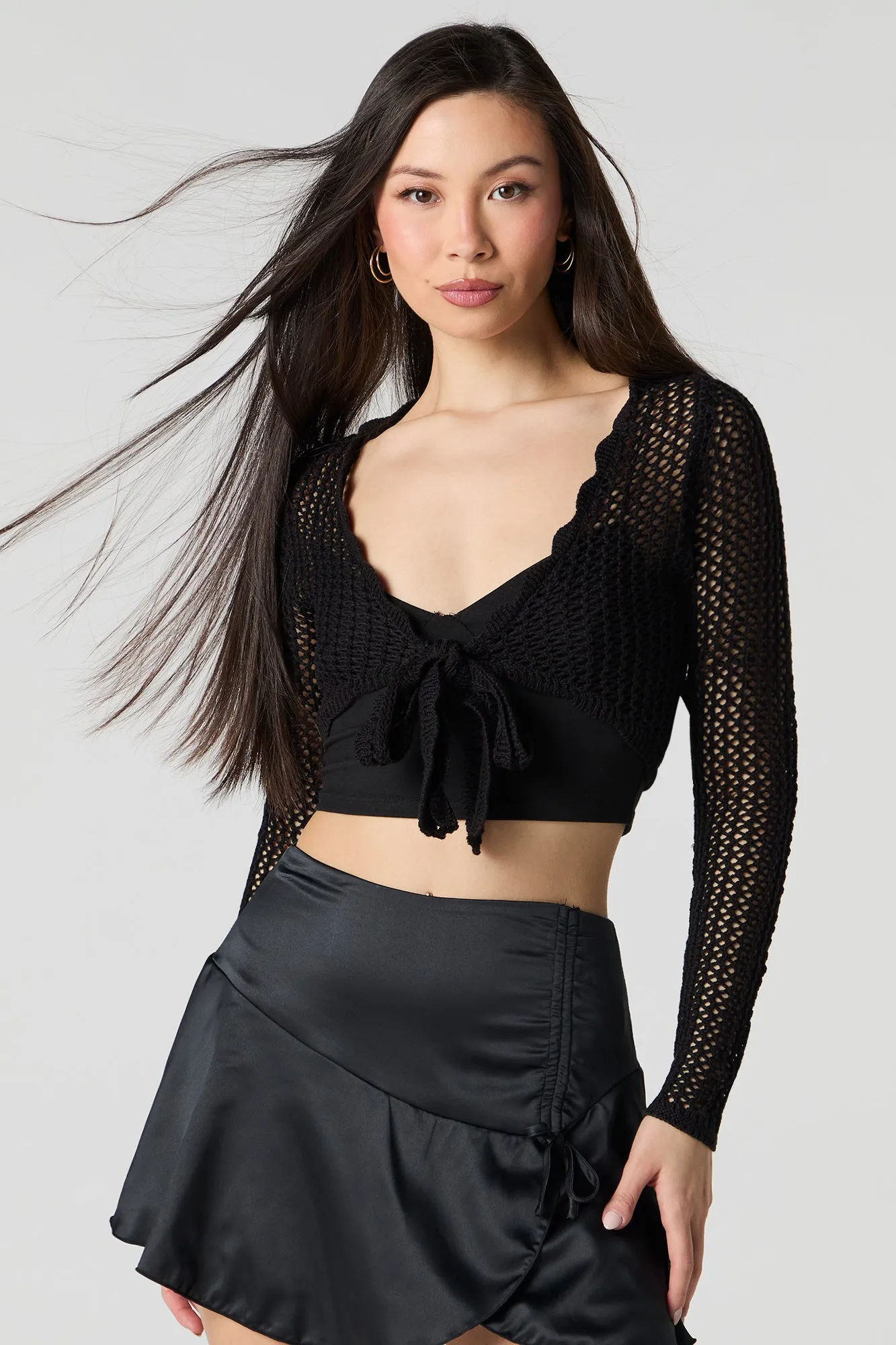 Scalloped Open Knit Self-Tie Cardigan sold by Urban Planet product image thumbnail 4