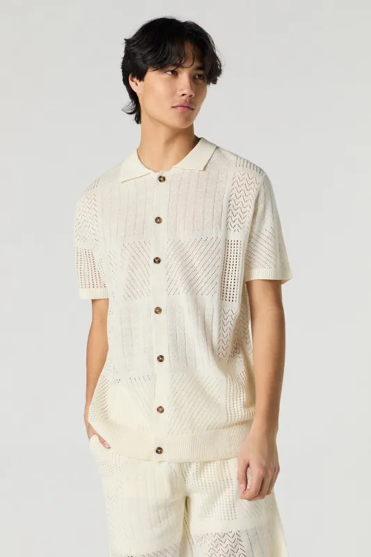 Patch Open Knit Button-Up Top sold by Urban Planet