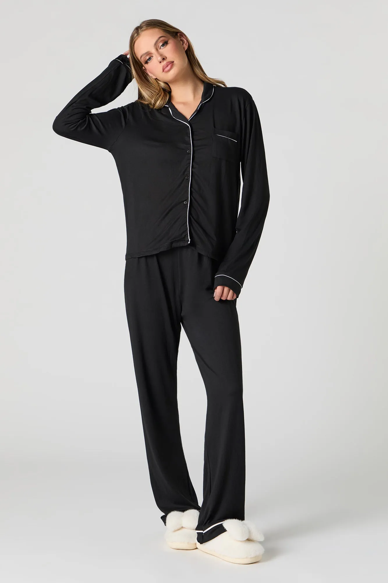 Button-Up Long Sleeve Top & Pant 2 Piece Pajama Set sold by Urban Planet product image thumbnail 5