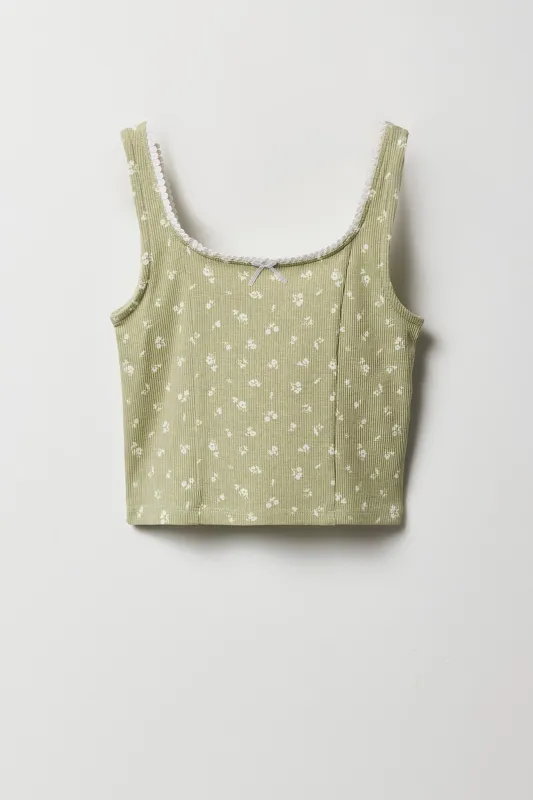 Girls Floral Ribbed Lace Trim Tank sold by Urban Planet